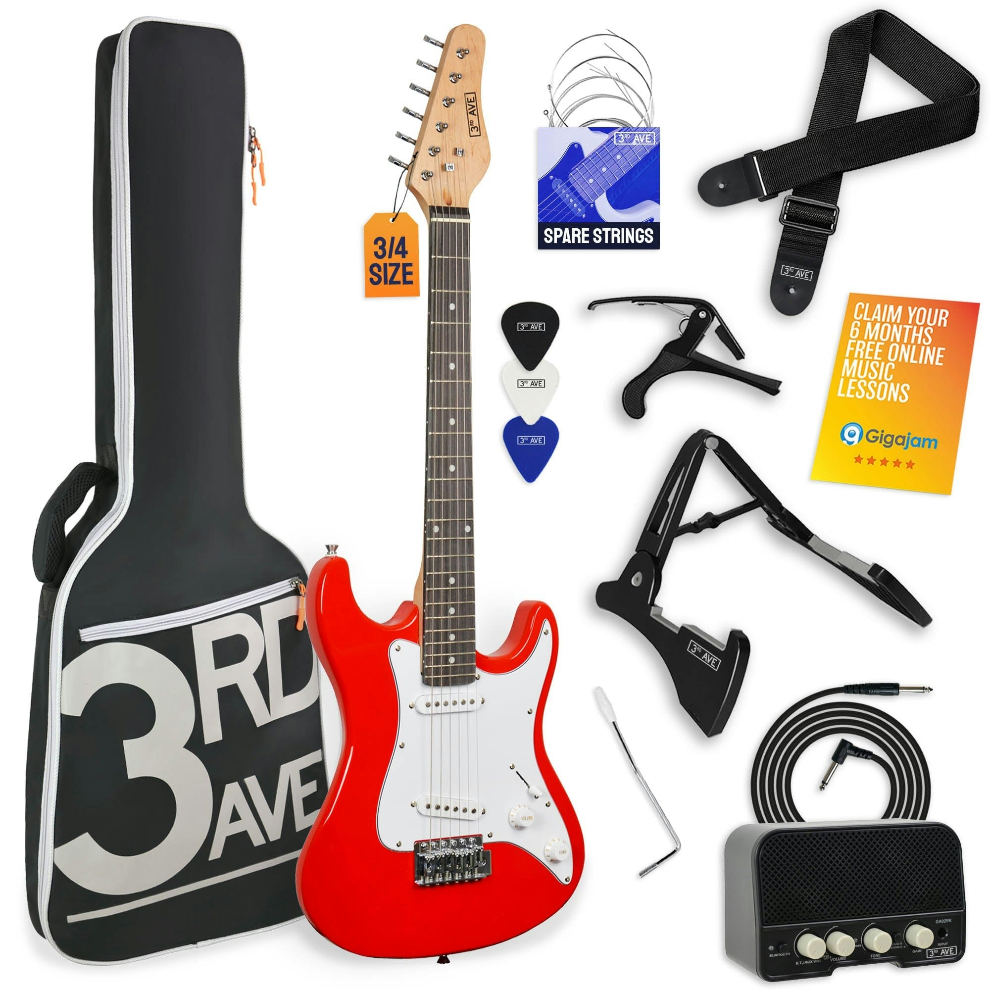 Normans Musical Instruments Red 3Rd Avenue 3/4 Size Electric Guitar Kit With 5W Amp Cable Stand Gig Bag Strap Spare Strings Picks Capo - Image 5