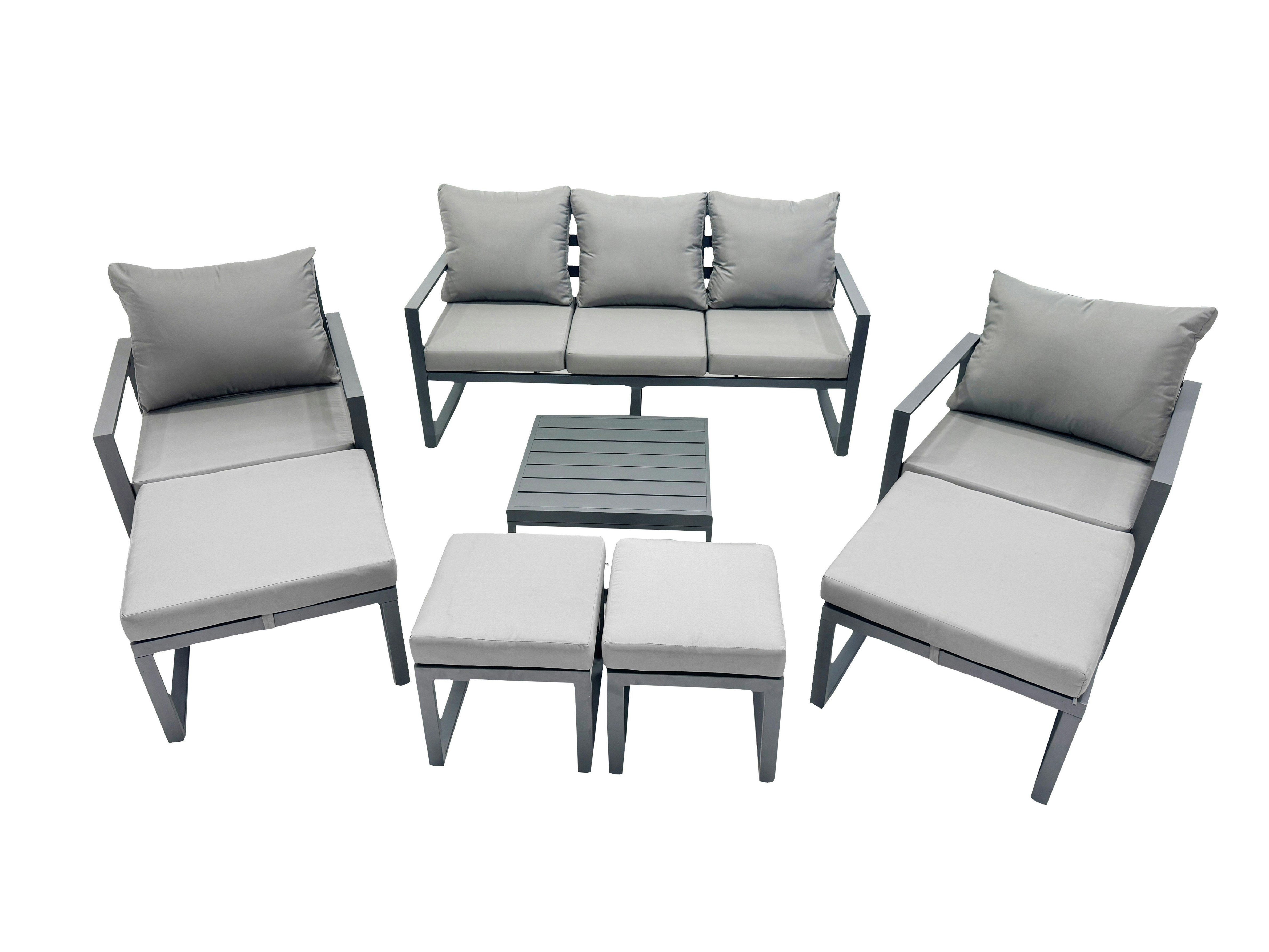 Fimous Dark/Grey Outdoor Garden Furniture Set Aluminium Lounge Sofa Square Coffee Table Sets With 4 Stools
