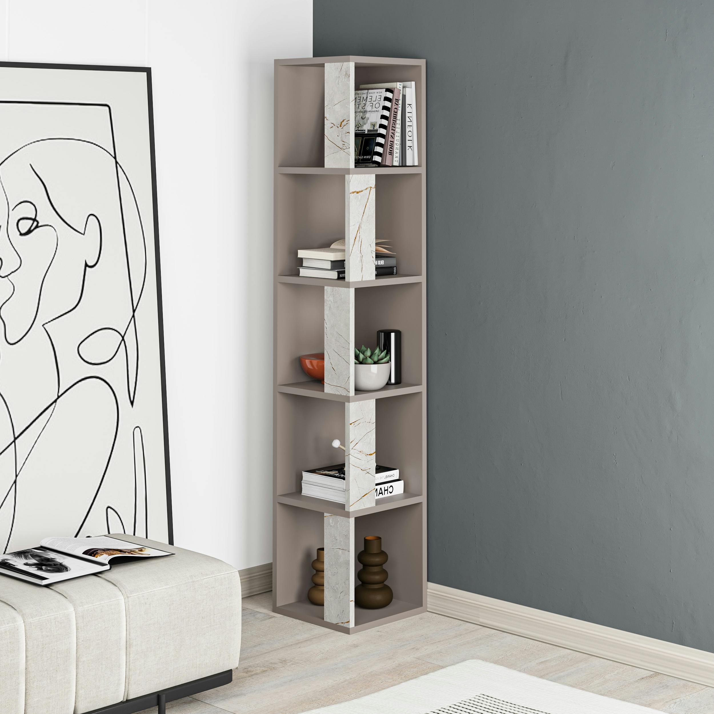 Rackhams Grey/Gold Piano Modern Corner Bookcase Tall Display Unit 158.9Cm - Mocha Marble Effect