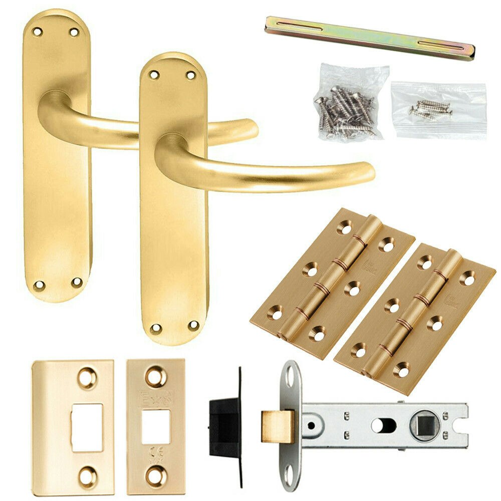 Loops Door Handle & Latch Pack Satin Brass Slim Round Bar Lever Curved Backplate