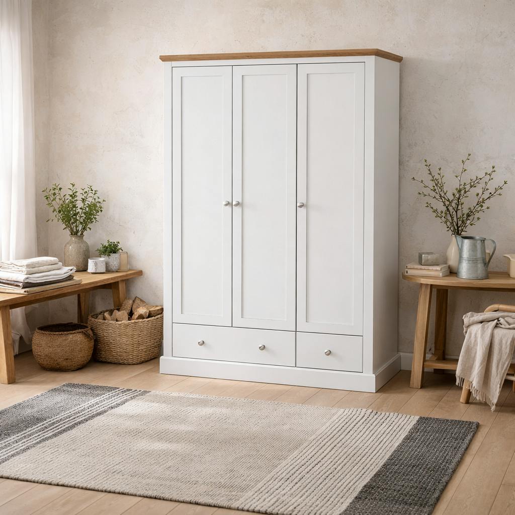 Wyld Haus White Ardee And Natural Oak Wood Sliding Wardrobe 3 Drawers 3 Doors