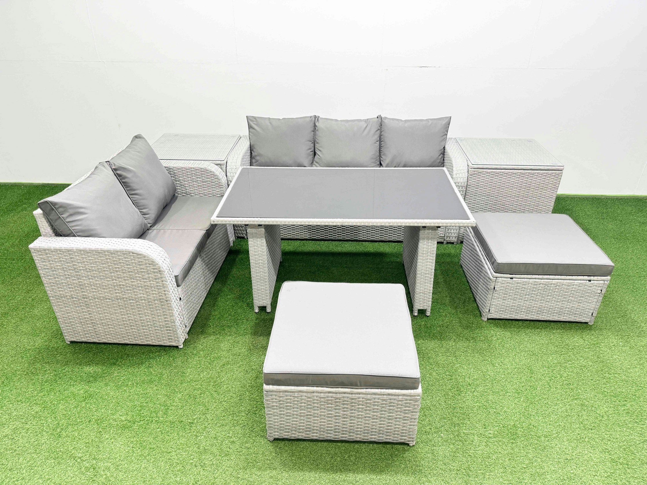 Rackhams Light/Grey Garden Furniture Set Pe Ratten Garden Sofa Set With Rectangular Dining Table 2 Big Stool 2 Side Tables