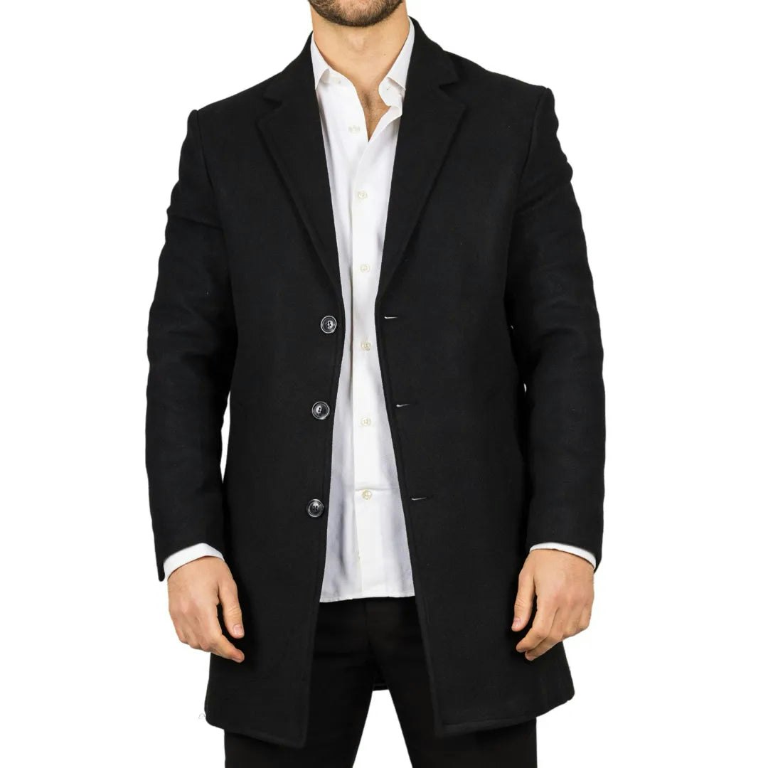 Truclothing Men's Black Notched Lapel Collar Wool Blend Overcoat - 3XL