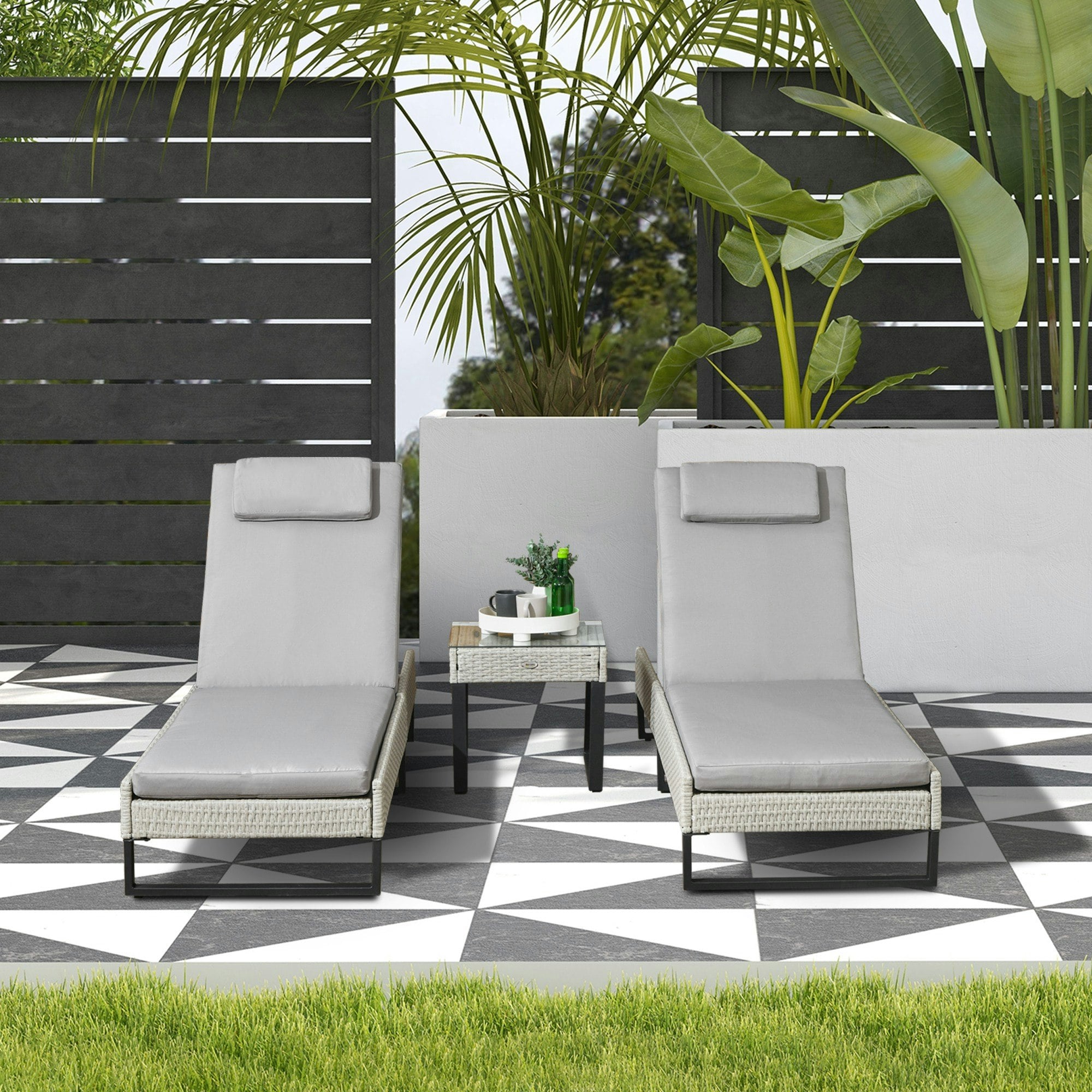 Rackhams Grey Rattan Sun Lounger Set W/ Cushions, 5-Level Chaise Lounge Chairs,