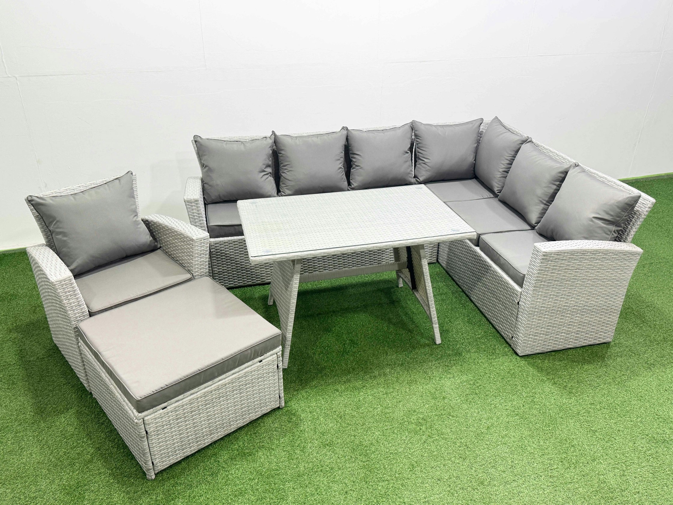 Rackhams Light/Grey 8 Seater Garden Outdoor Rattan Furniture Set Rattan Corner Sofa Oblong Dining Table With Armchair Big Footstool Mixed