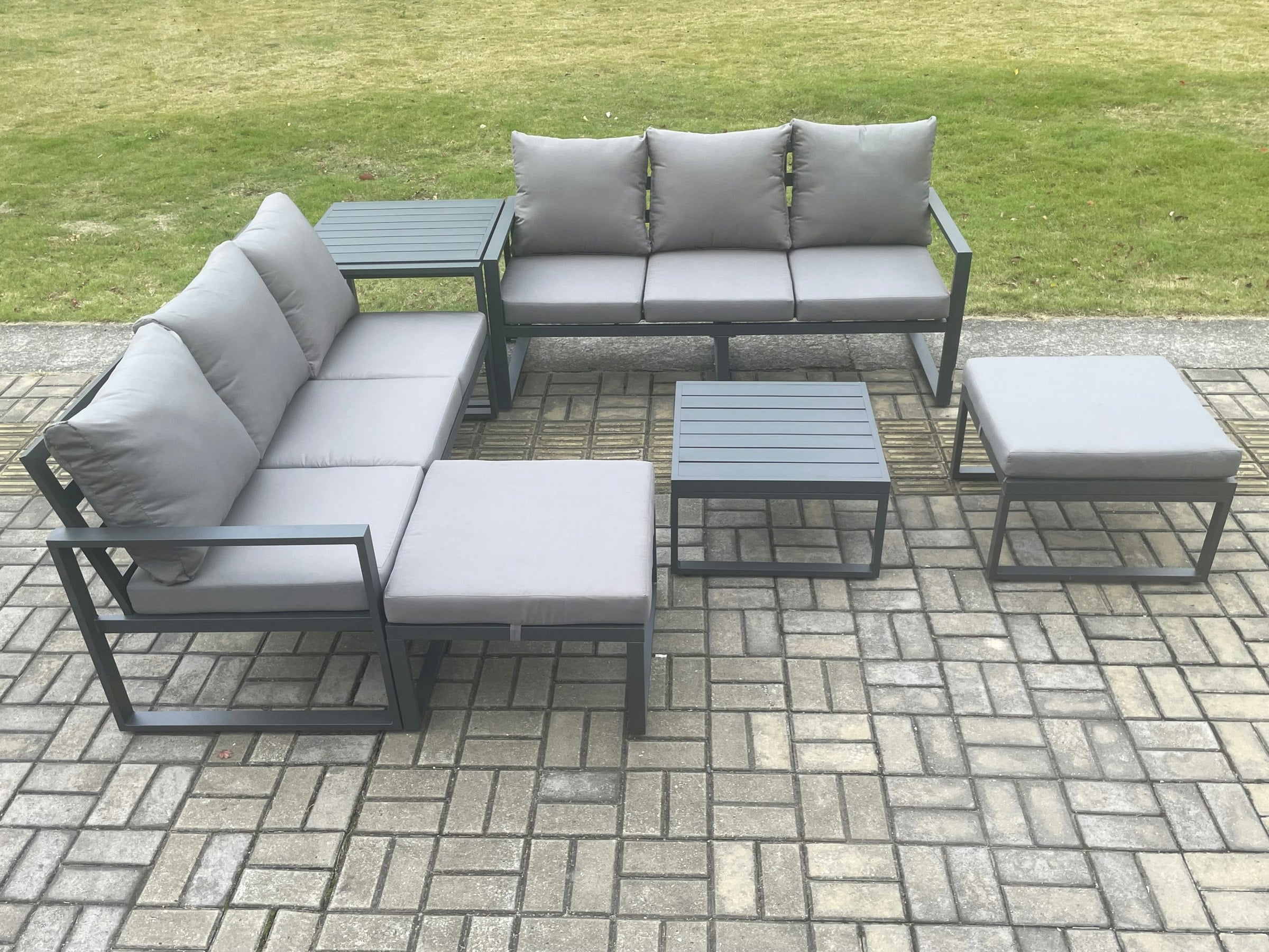 Fimous Dark/Grey 8-Seater Aluminium Outdoor Sofa Set | 6 Pieces, Square Coffee Table, Side Table, 2 Large Footstools