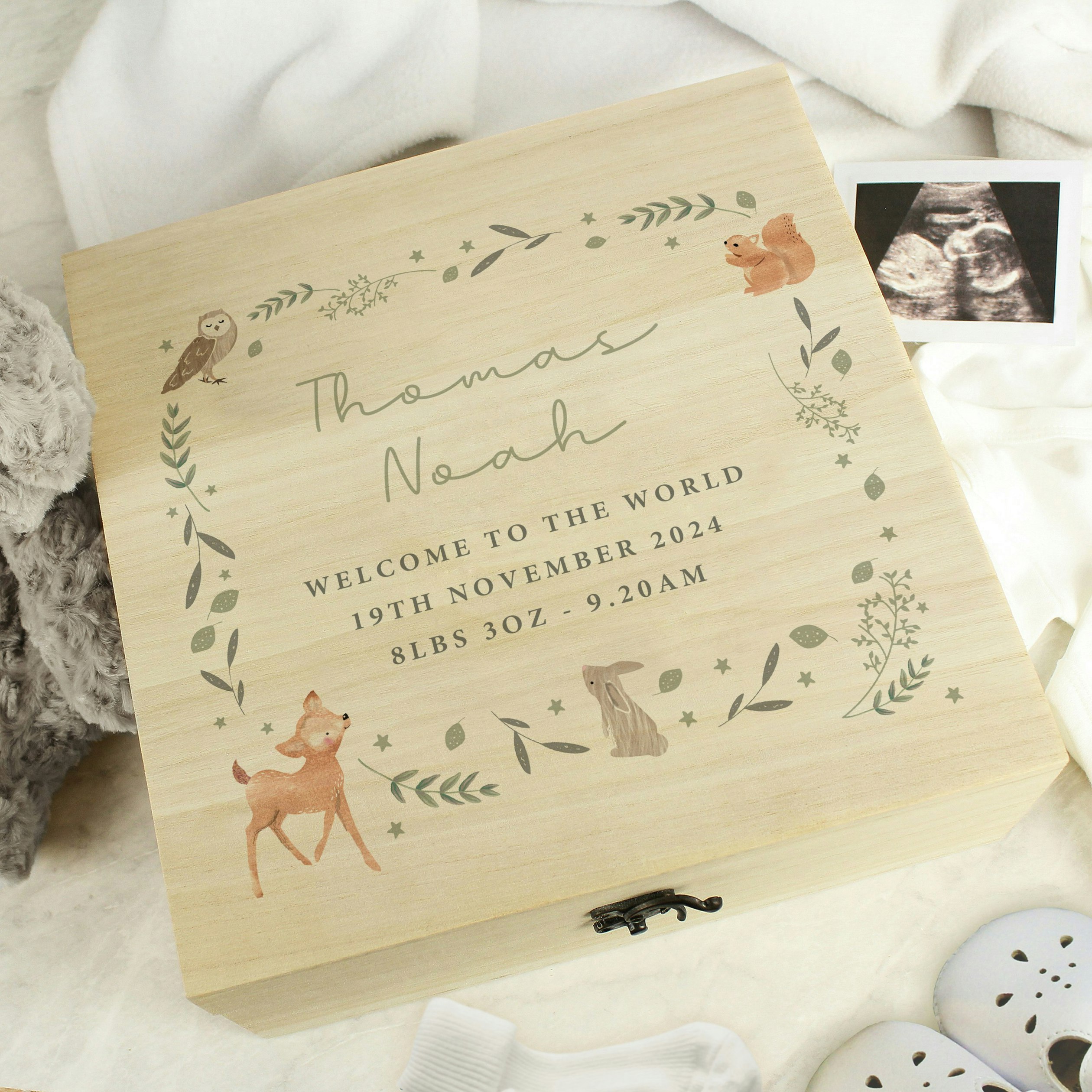 Personalised Memento Company Grain Personalised Woodland Animal Large Wooden Keepsake Box