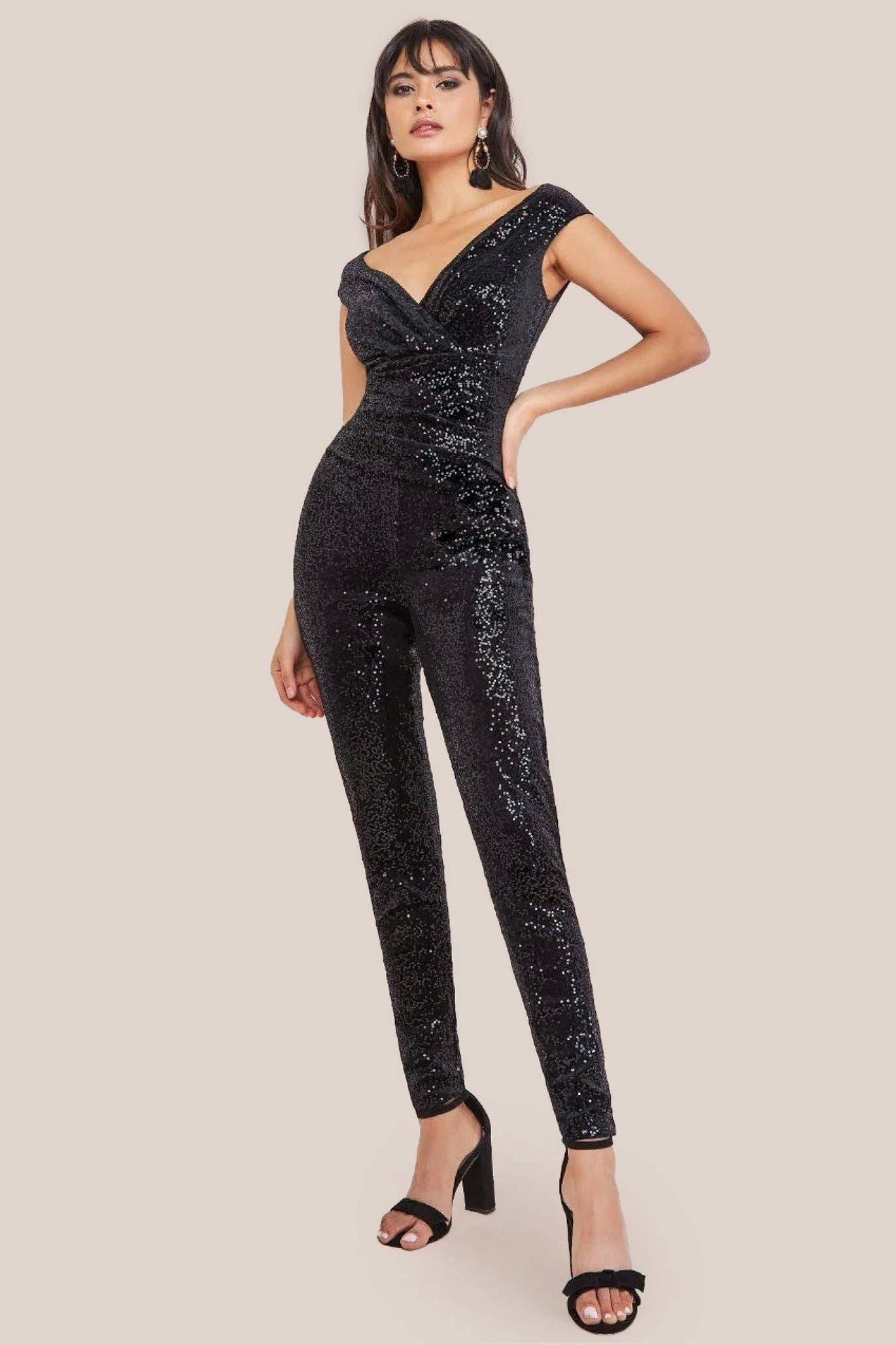 Goddiva Black Sequin Velvet Bardot Jumpsuit - By - 16