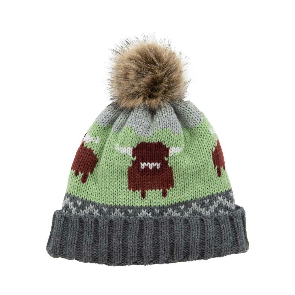 Aran Traditions Grey Aran Knitted Pom Pom Cow Beanie - Steel