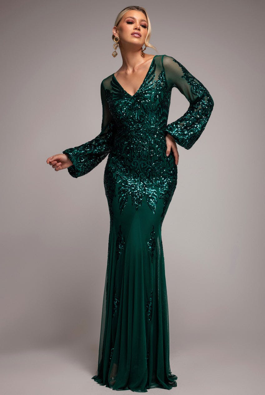 Goddiva Green Embellished Sequin Bishop Sleeve Maxi Dress - Emerald By - Emerald - 8