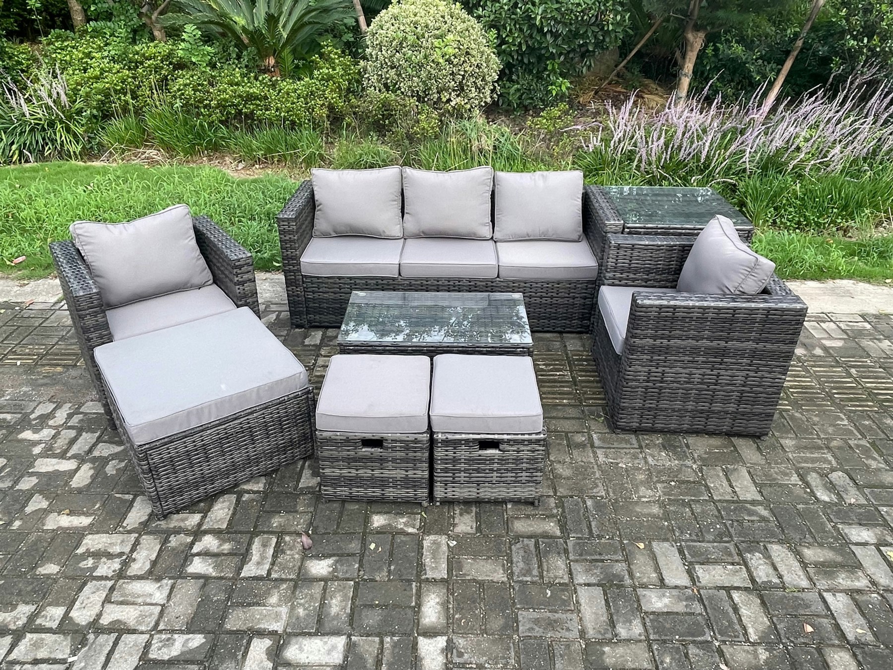 Rackhams Dark/Grey Outdoor Rattan Garden Furniture Set With 3 Seater Sofa Coffee Table Side Table 2 Armchairs 3 Footstools Patio Lounge Sofa Set Mixed