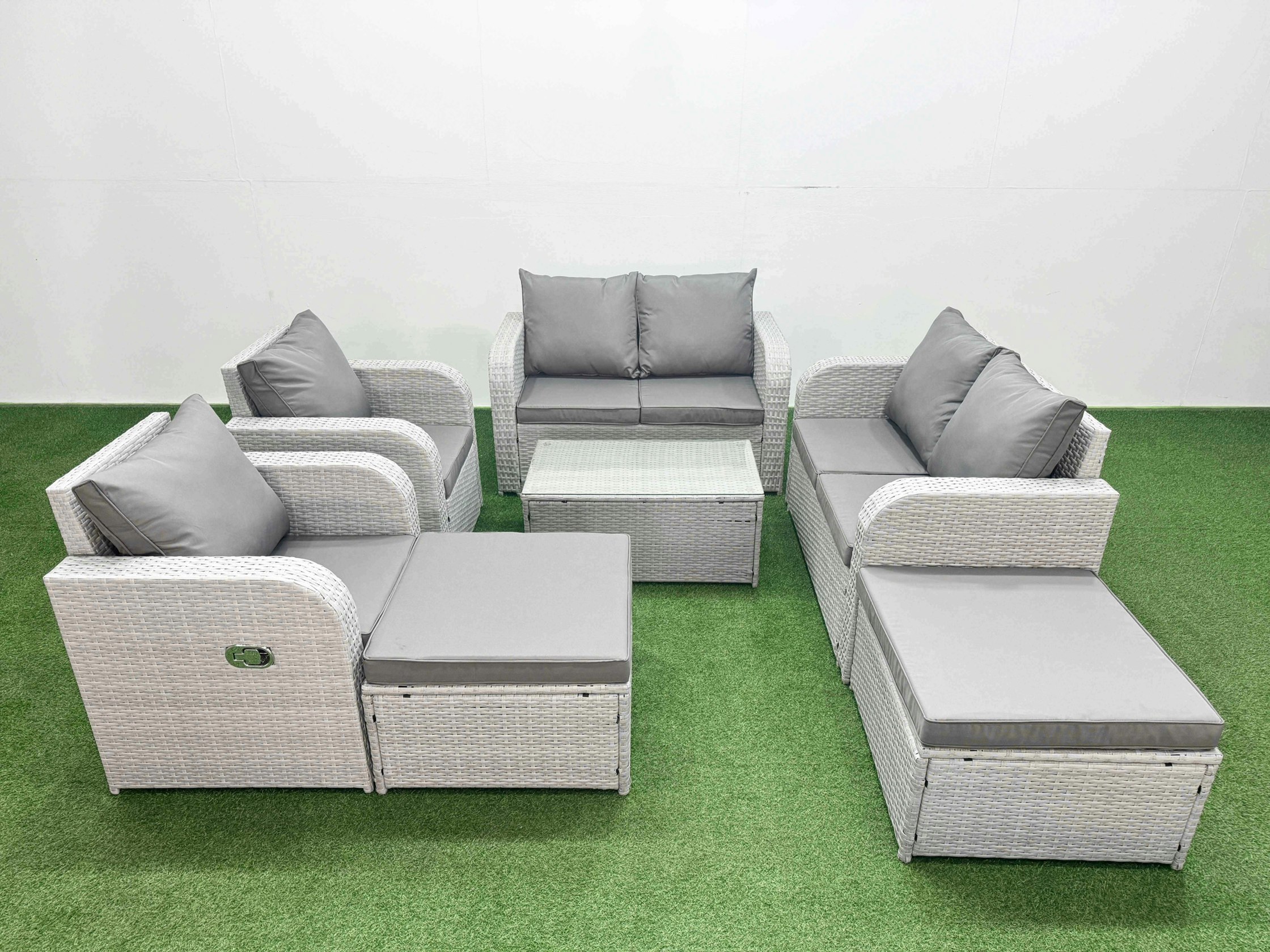 Fimous Light/Grey 8 Seater Outdoor Reclining Chair Love Sofa Set Rattan Garden Furniture Set With Rectangular Coffee Table 2 Big Footstools