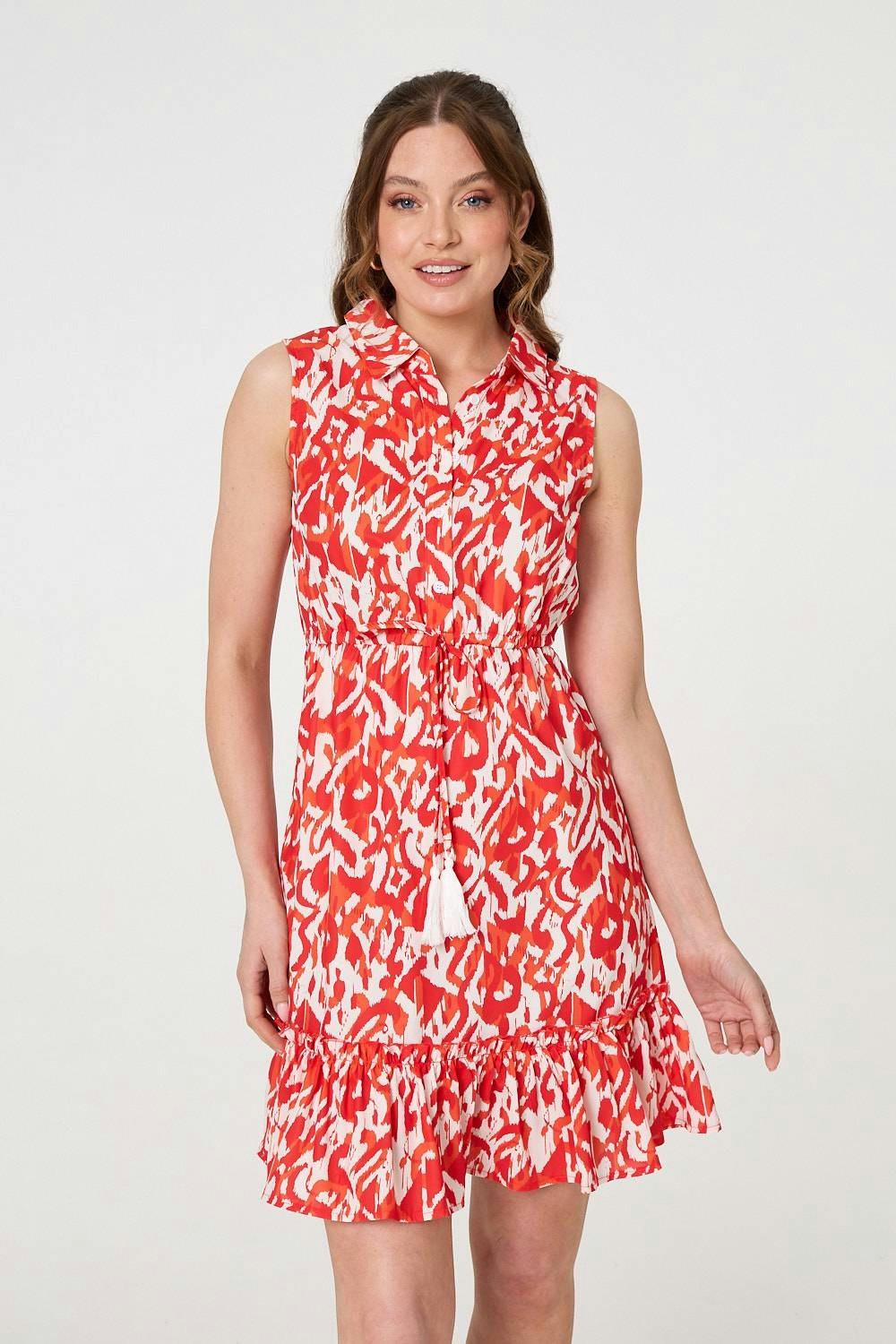 Izabel London Women's Orange Printed Sleeveless Short Shirt Dress - 10