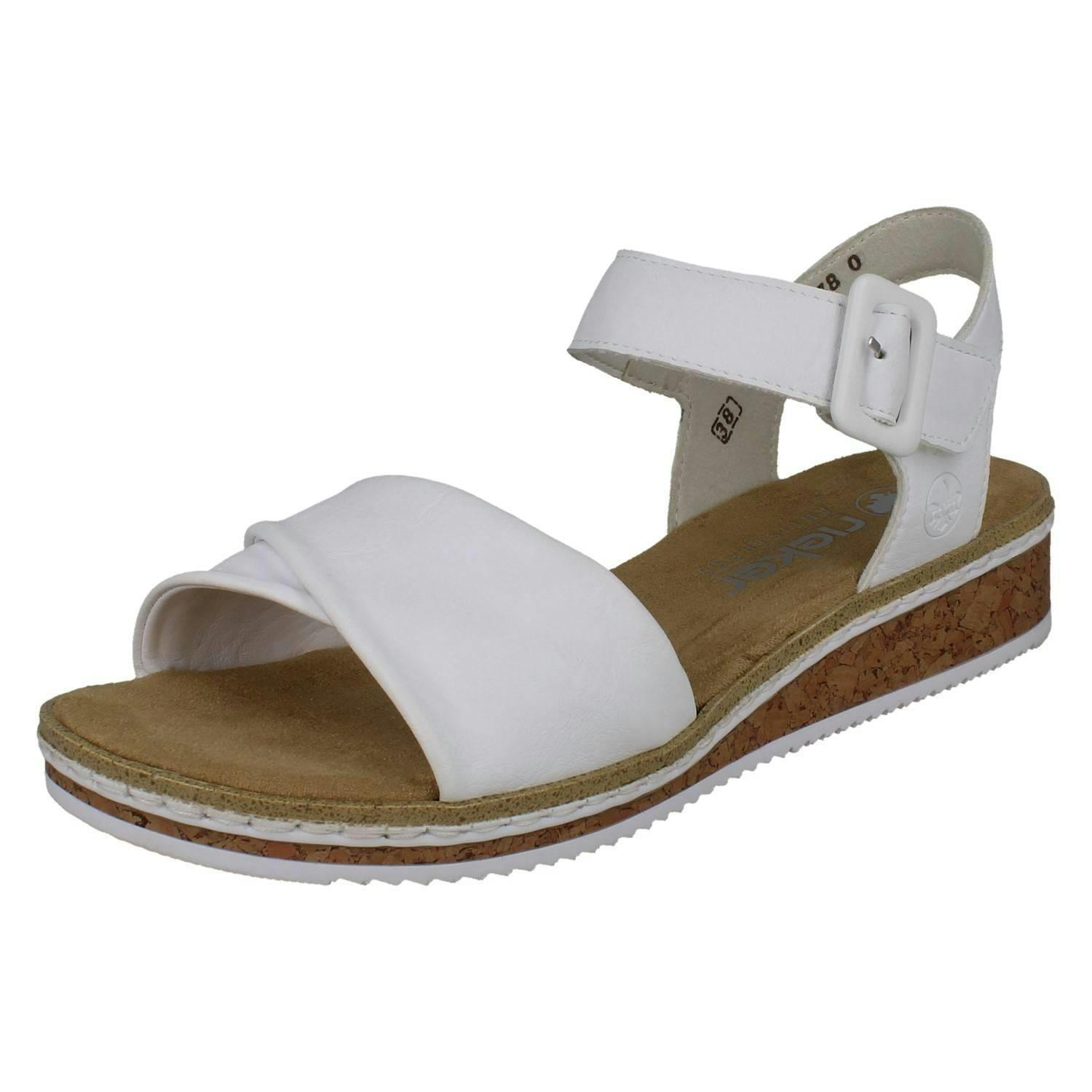 Rieker Women's White Strappy Crossover Wedge Sandals V3691 - Uk 6.5