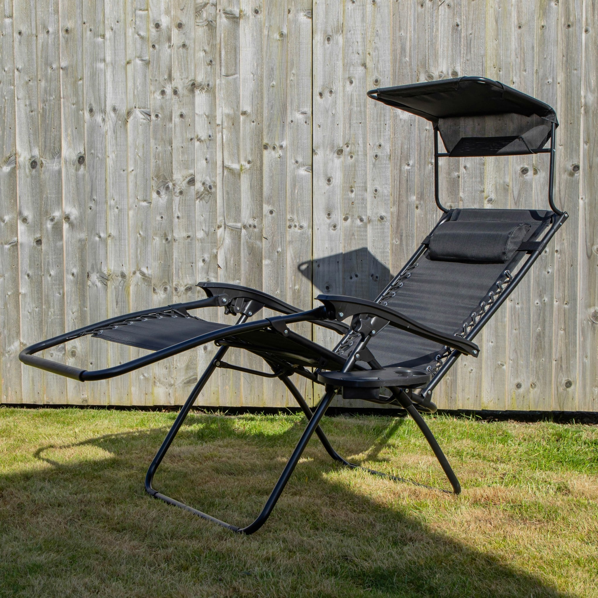 Rackhams Black Multi Position Garden Gravity Relaxer Chair Sun Lounger With Sun Canopy In - Sunloungers