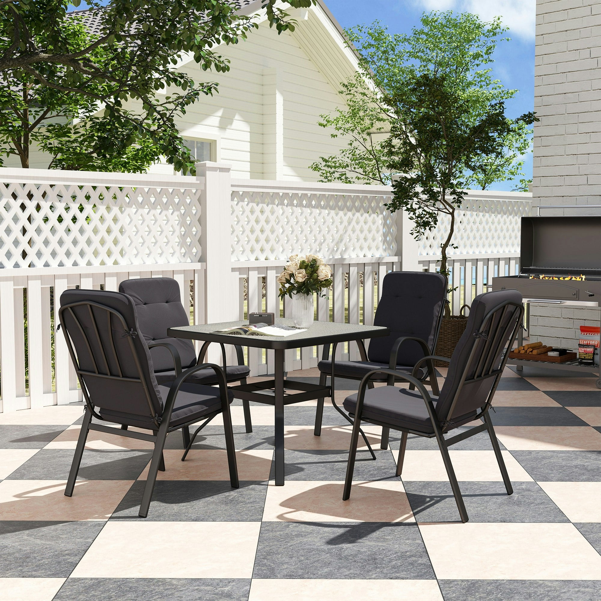 Rackhams Beige/Black Garden Dining Set, Glass Table W/ Umbrella Hole - Steel, Texteline, Polyester - 88Cmx88cmx71cm