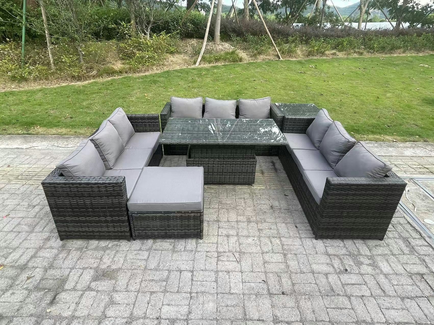 Fimous Dark/Grey 10-Seater Rattan Outdoor Sofa Set | Adjustable Rising Dining Table, Side Table, Footstool Large