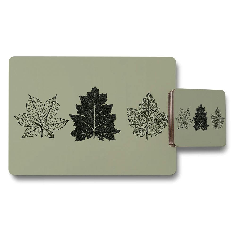 Benjamin Tate Design Black Leaf Pattern Placemat And Coaster Set With Four Leaf Designs