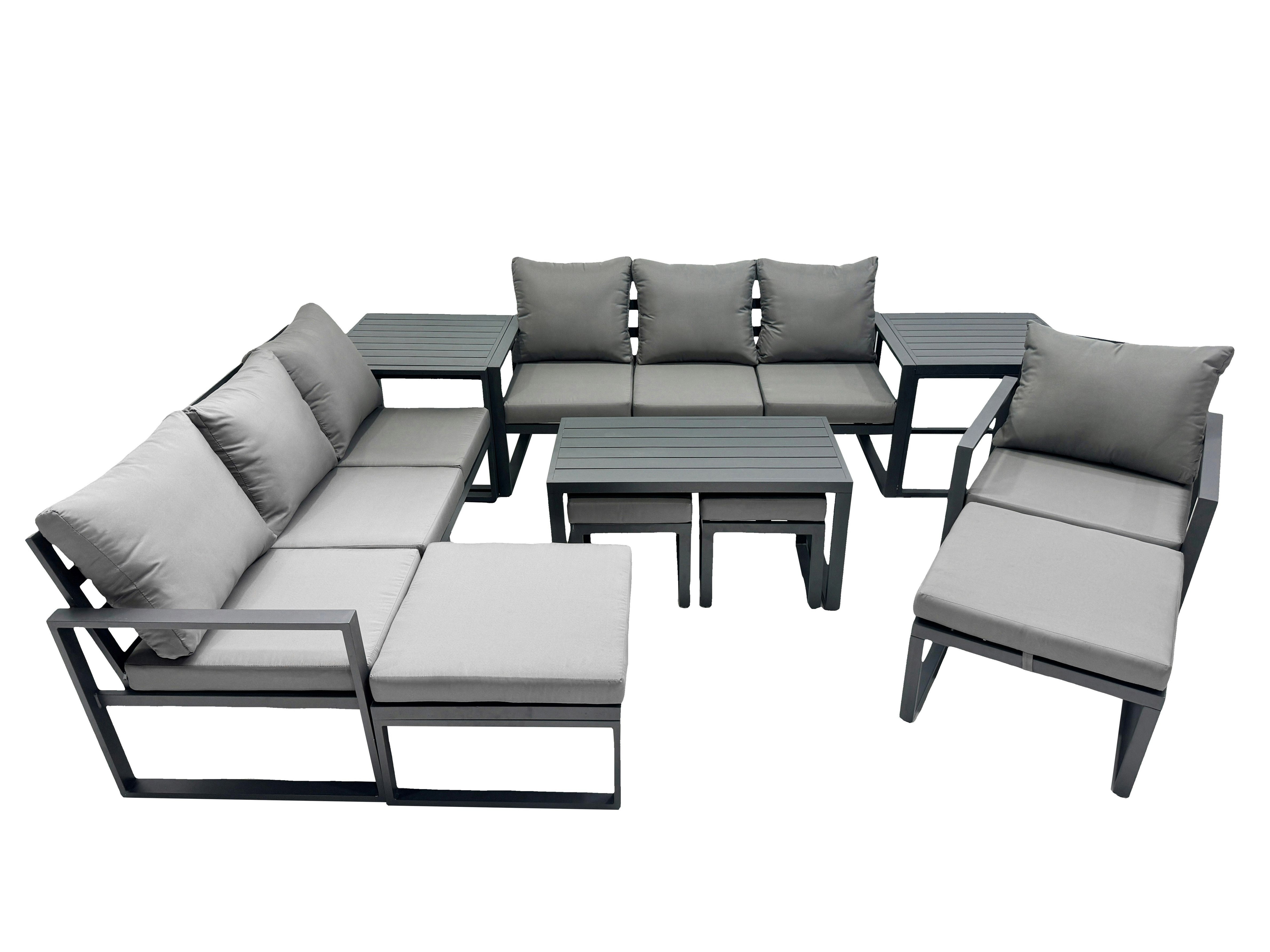 Fimous Dark/Grey Outdoor Garden Furniture Set Aluminium Lounge 3 Seat Sofa Oblong Coffee Table Sets With Chair 4 Stools 2 Side Tables