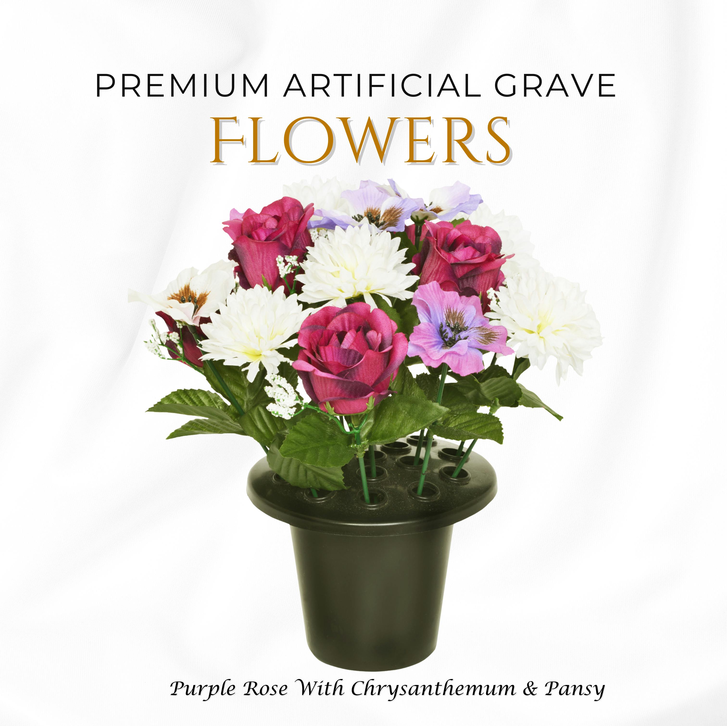 Rackhams Purple Premium Artificial Grave Flowers – 25Cm Rose With Chrysanthemum & Pansy | Memorial Vase Pot