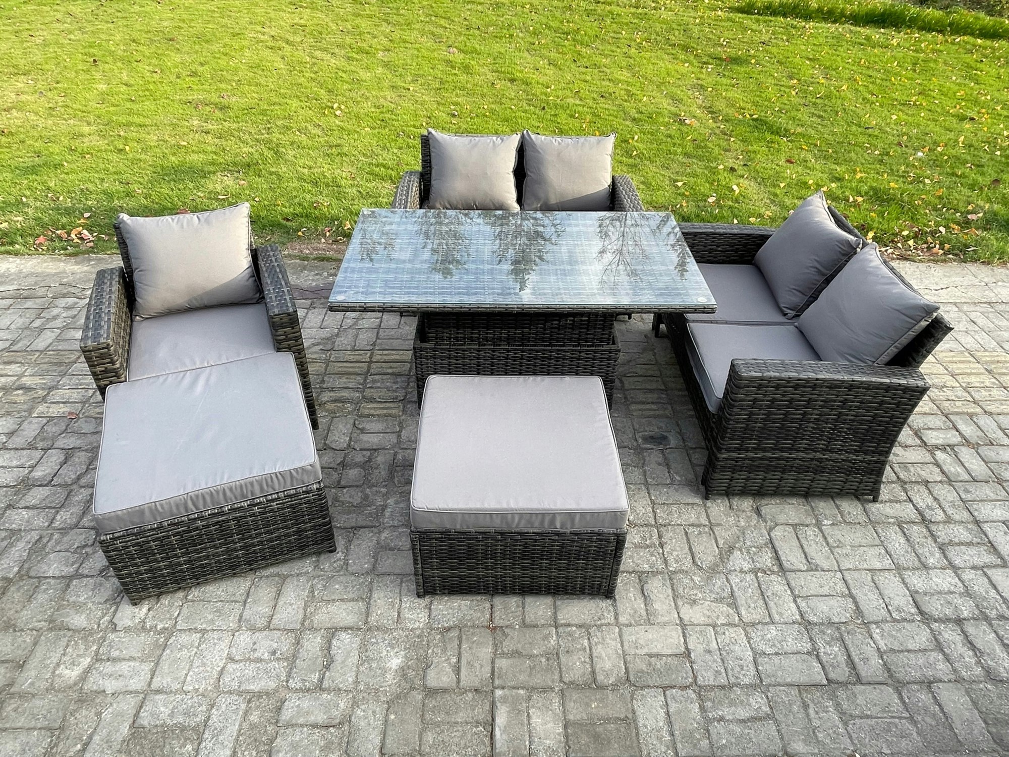 Fimous Dark/Grey 7 Seater Wicker Rattan Garden Furniture Rising Table Set With 2 Big Footstool Double Seat Sofa Armchairs Mixed