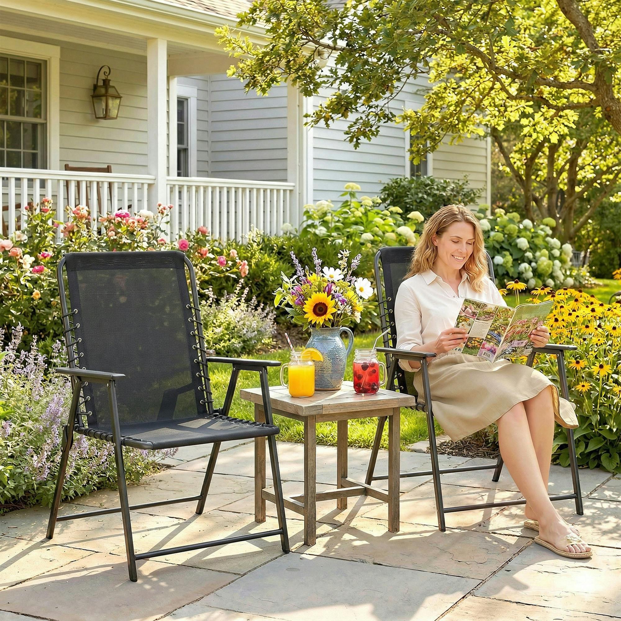 Rackhams Black Folding Garden Chairs, Outdoor Chairs Set - Folding Garden Chairs - Set Of 2