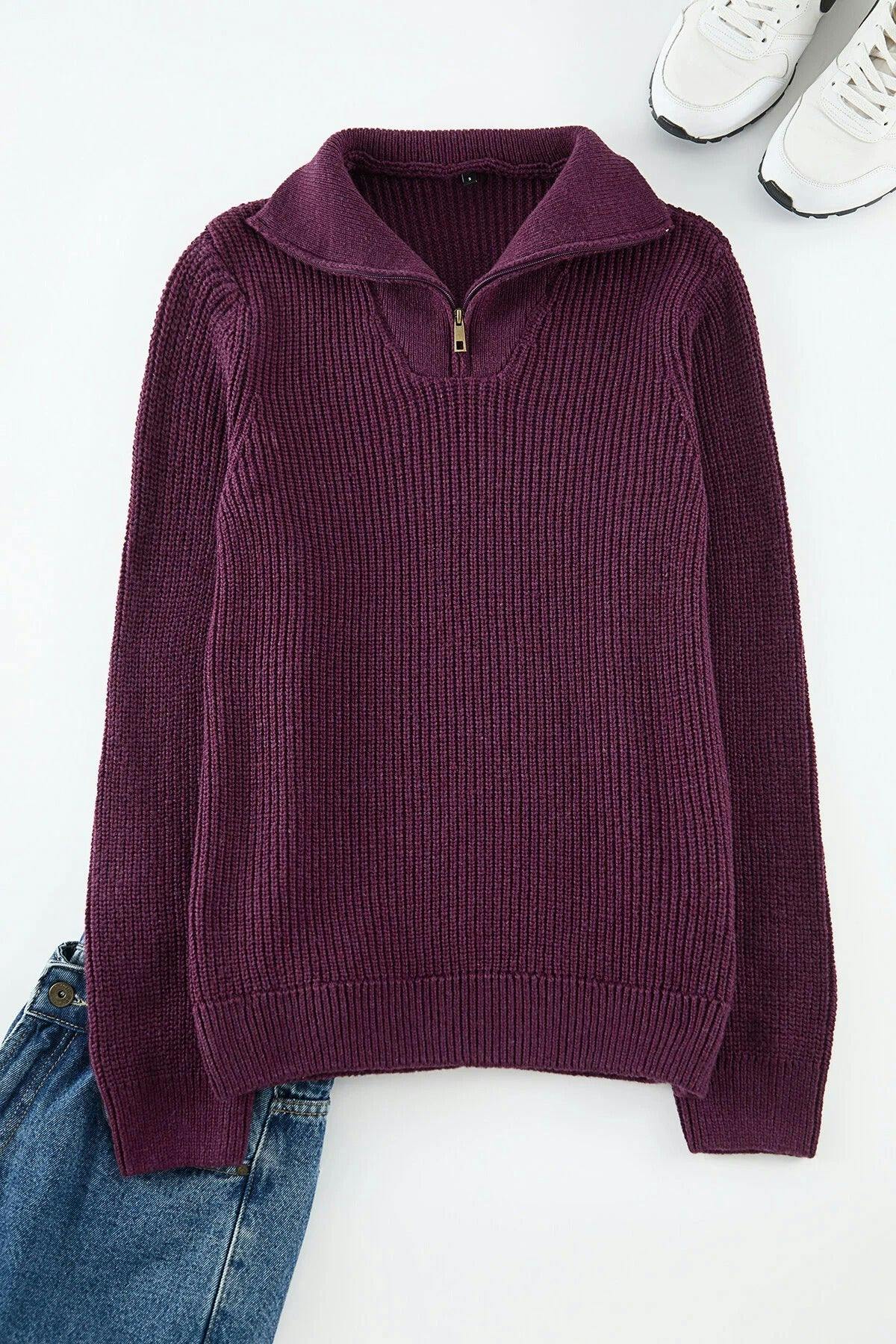 Wovcor Men's Regular Woolen Zippered Turtleneck Knit Sweater - Plum - Xl