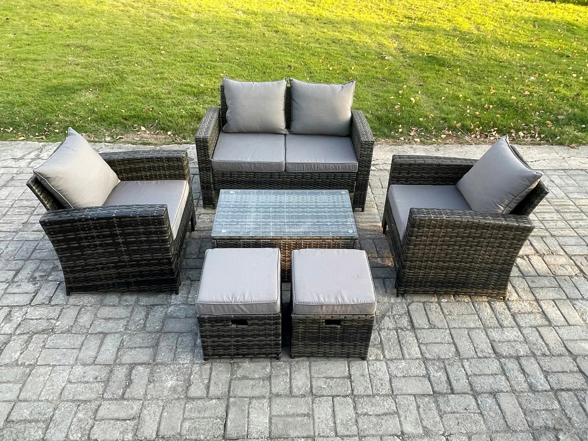 Fimous Dark/Grey 6-Seater Wicker Pe Rattan Outdoor Sofa Set | Rectangular Coffee Table, Double Sofa, 2 Footstools