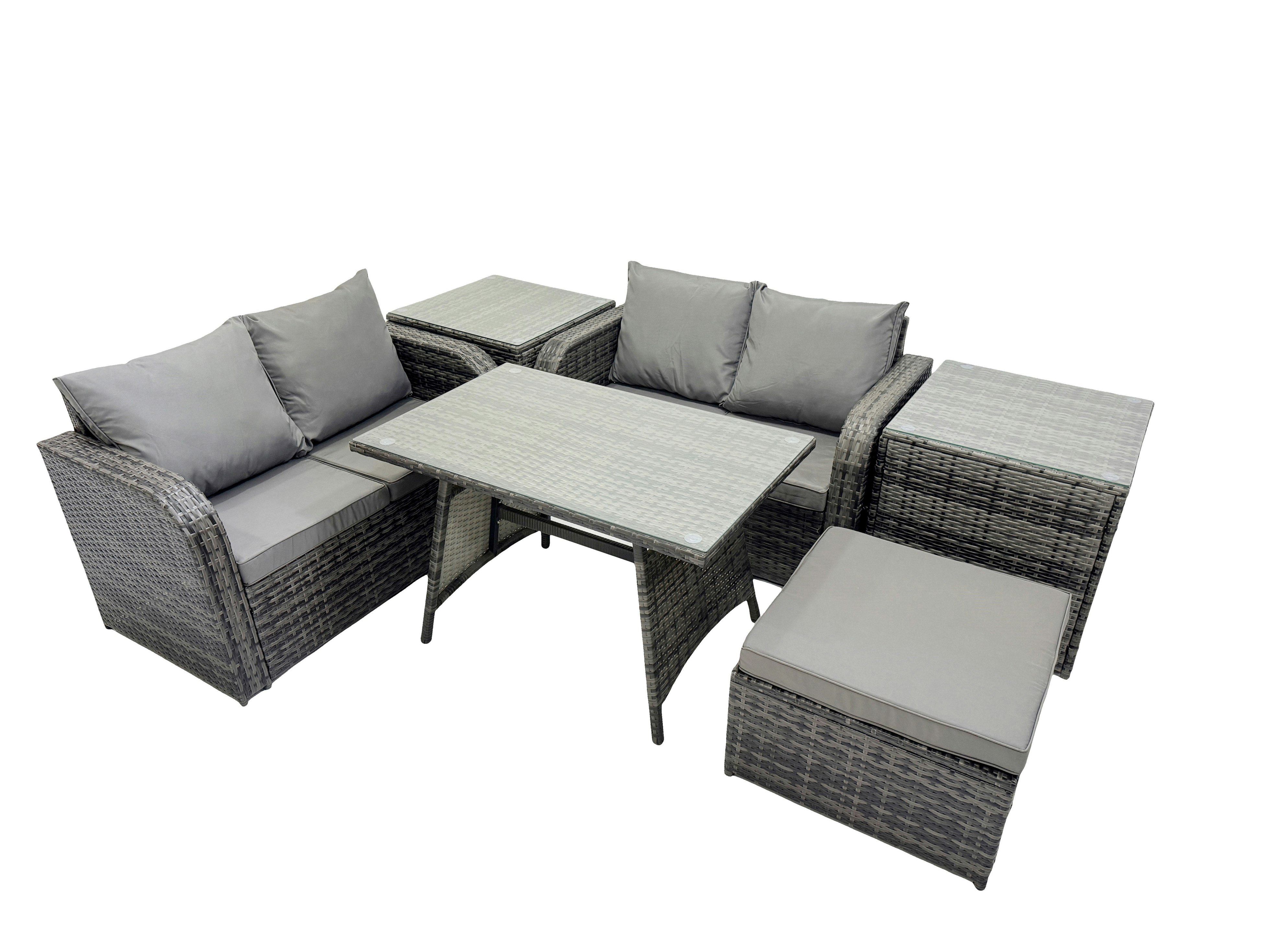 Rackhams Dark/Grey 5 Seater Garden Outdoor Rattan Furniture Set Rattan Sofa Oblong Dining Table With 2 Side Table