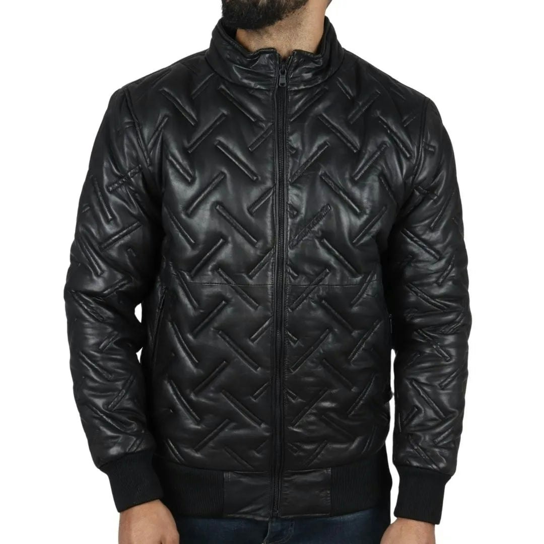 Infinity Leather Men's Black Leather Company Puffer Quilted Bomber Real Leather Jacket - 3XL
