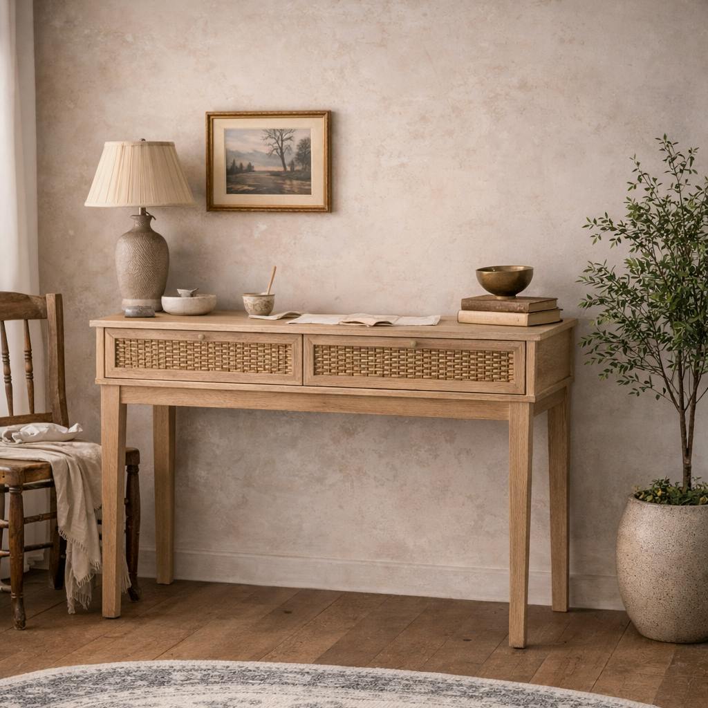 Wyld Haus Light/Gold Waterford Oak Wood And Rattan Desk Table 2 Drawers