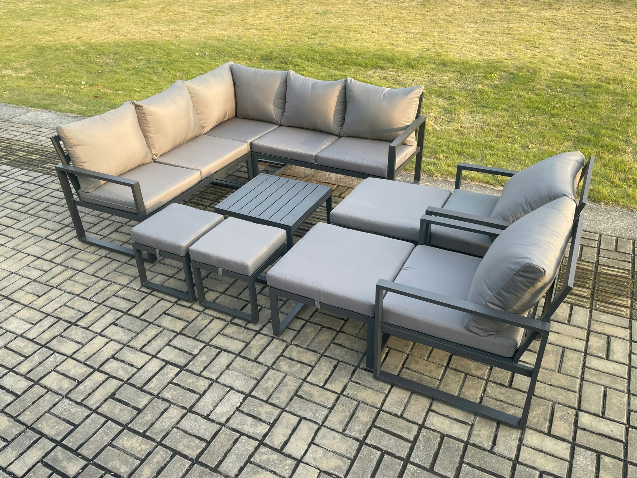 Fimous Dark/Grey 11 Seater Outdoor Aluminium Garden Furniture Set Corner Lounge Sofa Set With Square Coffee Table 2 Pcs Chair Footstools