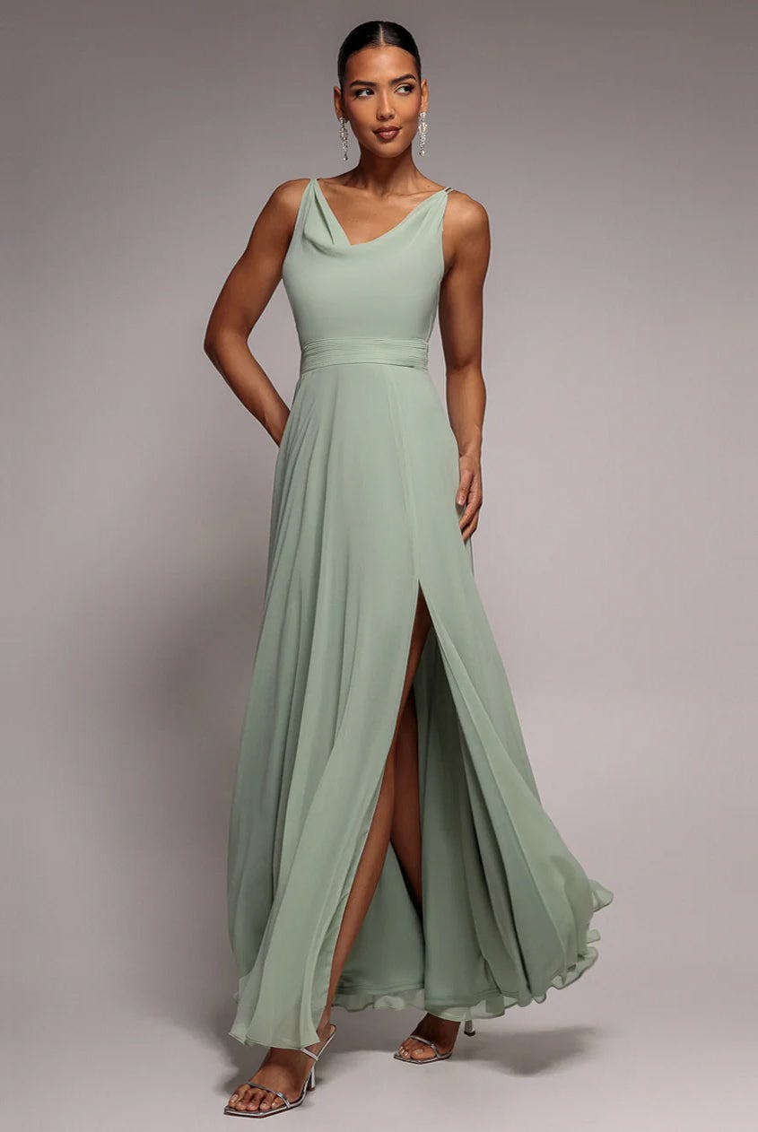 Goddiva Green Chiffon Cowl Twisted Rope Strap Lace-Up Flared Maxi Dress - Sage By - Sage - 8