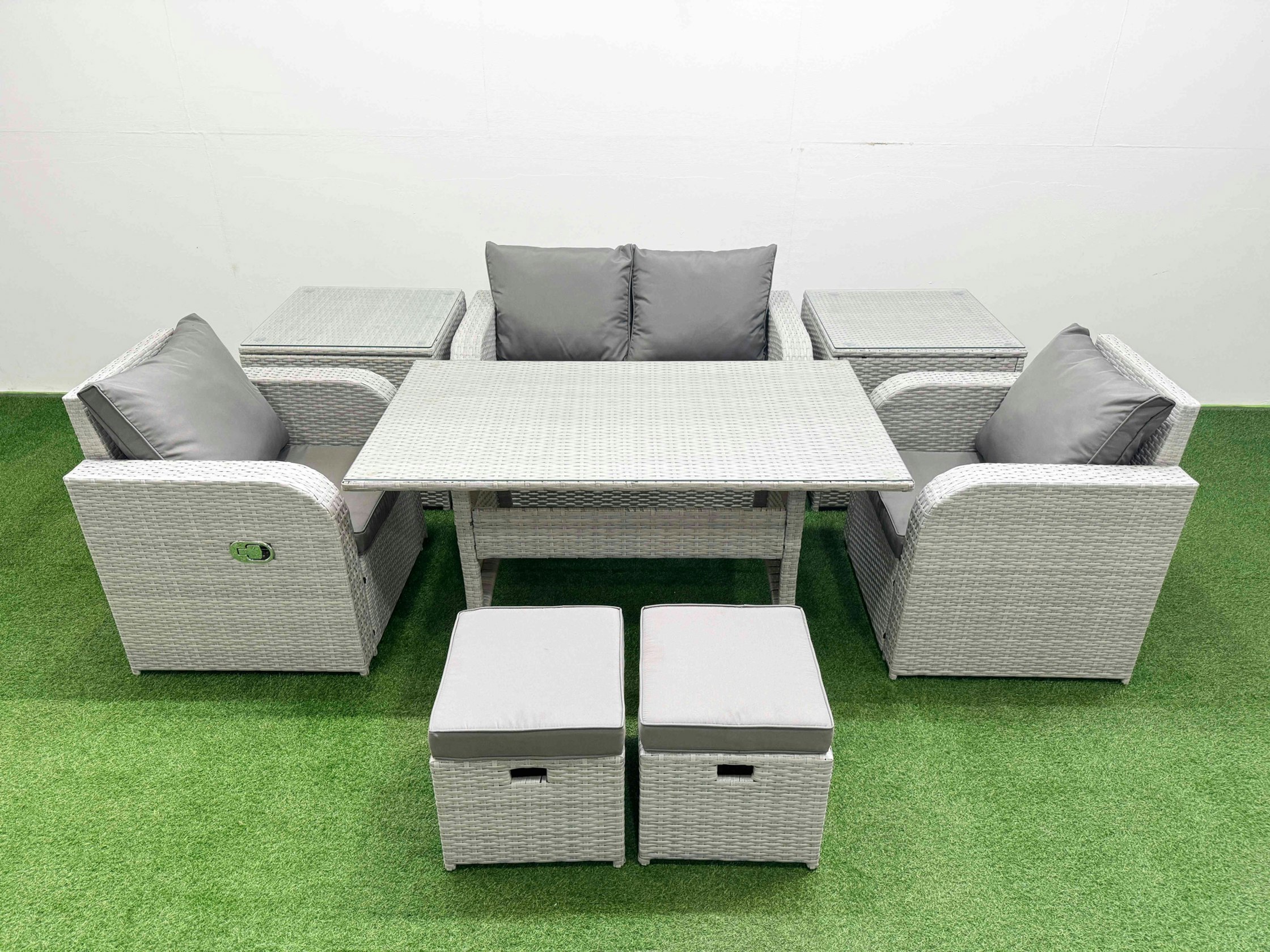 Rackhams Light/Grey Pe Wicker Rattan Garden Furniture Set Sofa Set Reclining Chair Rectangular Dining Table 6 Seater 2 Stools 2 Side Table Small