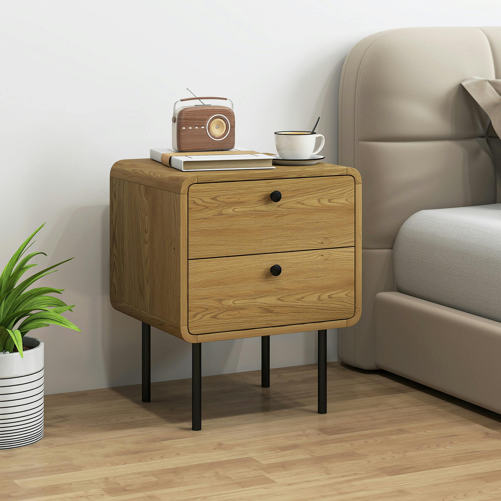 Rackhams Bedside Table, Modern Nightstand With 2 Drawers Rounded Edges, Oak - Oak - 2