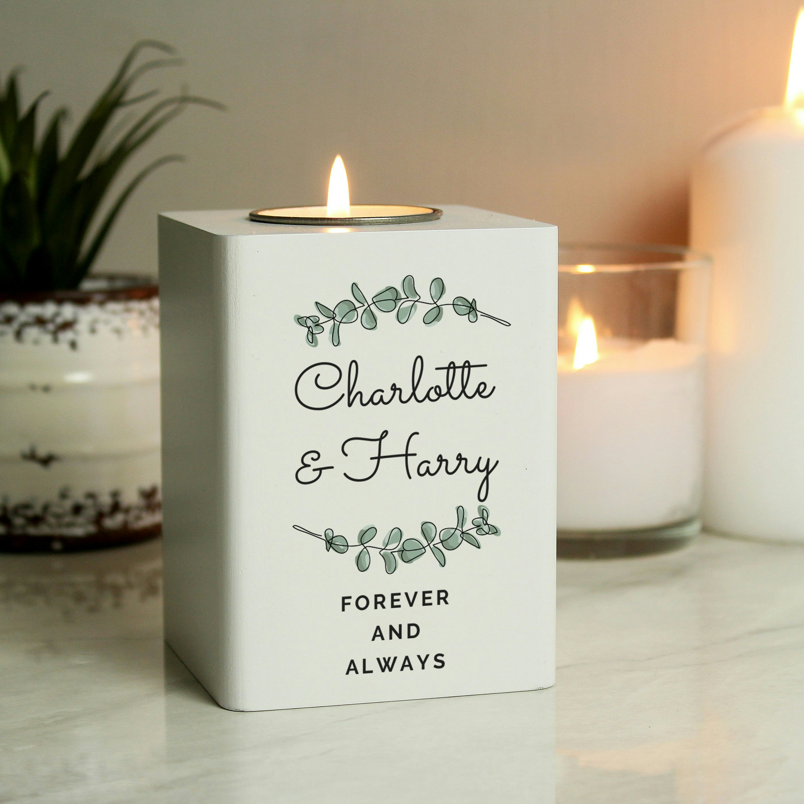 Rackhams White/Light Personalised Wedding Wooden Tea Holder