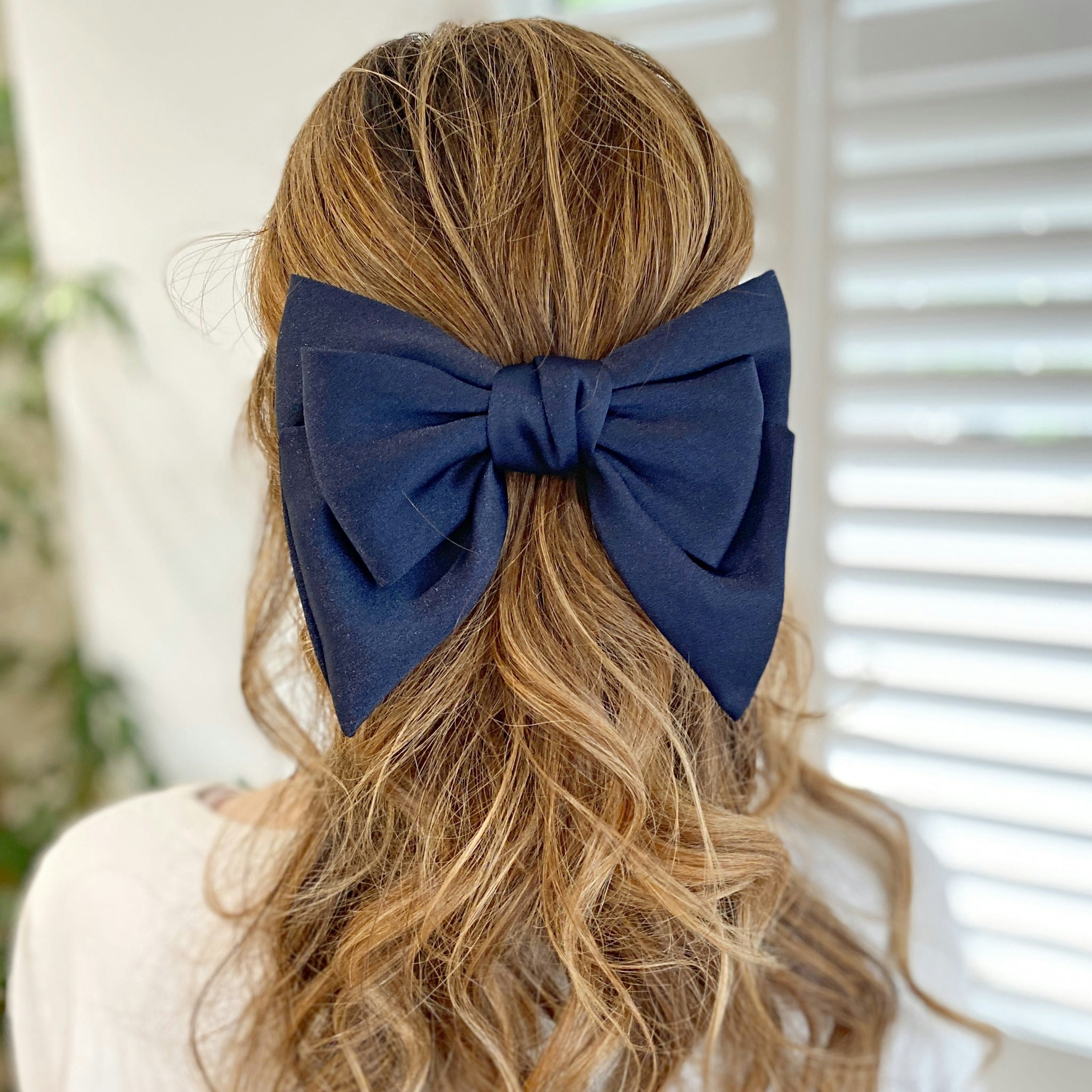 Queenmee Accessories Blue Navy Satin Hair Bow Navy Hair Clip