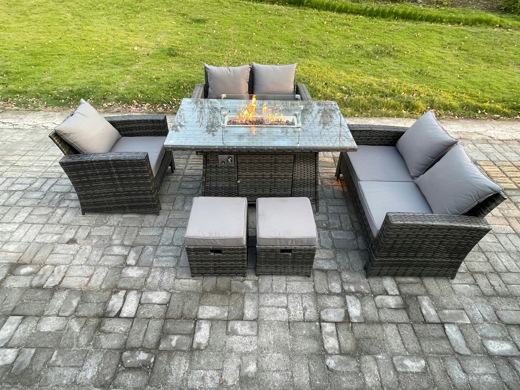 Rackhams Dark/Grey 7 Seater Rattan Outdoor Garden Furniture Gas Fire Pit Table Sets Gas Heater With Love Sofa Armchair 2 Small Footstools Mixed