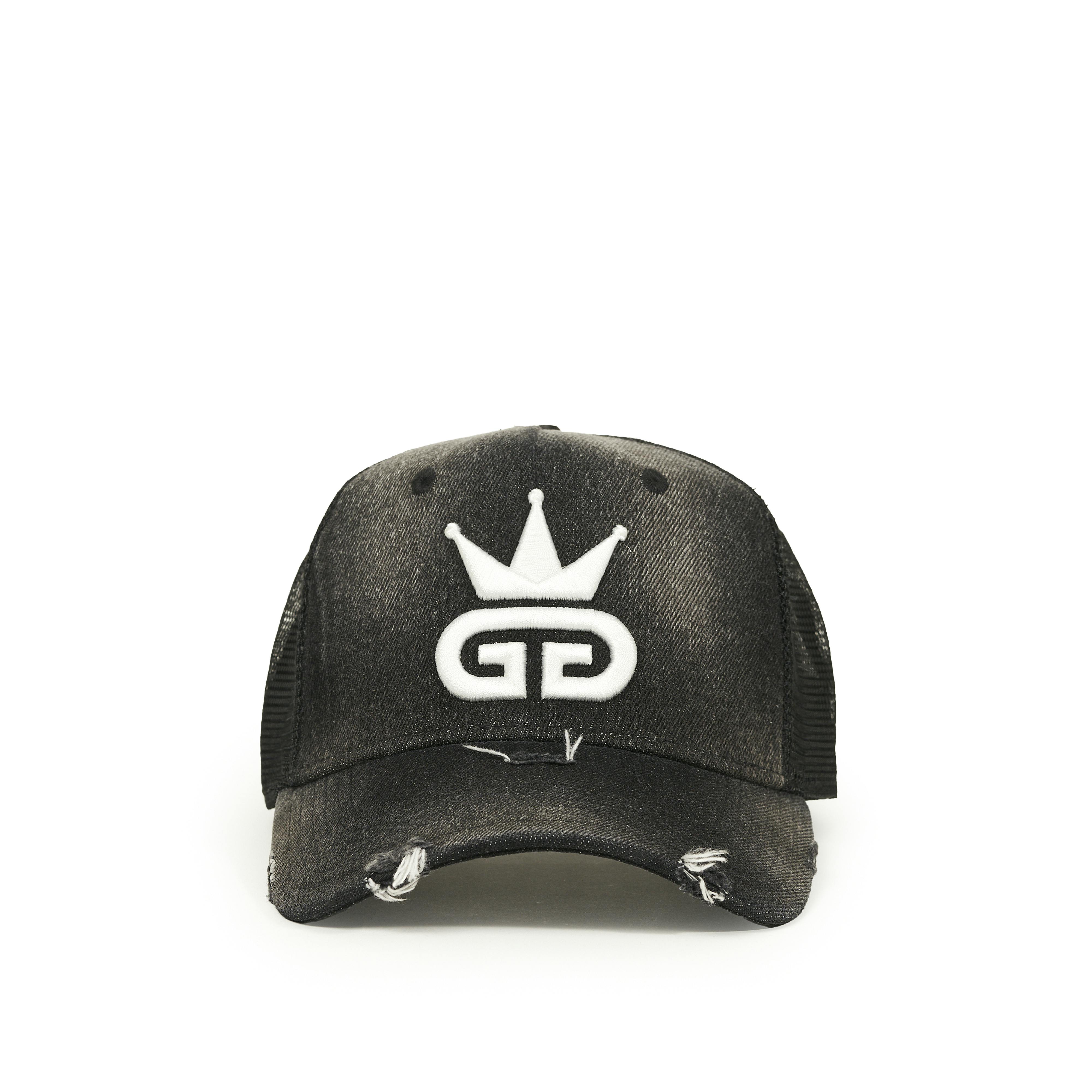 God Given Talent White/Black Ggt Logo Acid Wash Distressed Denim Mesh Snapback - Ggt000013