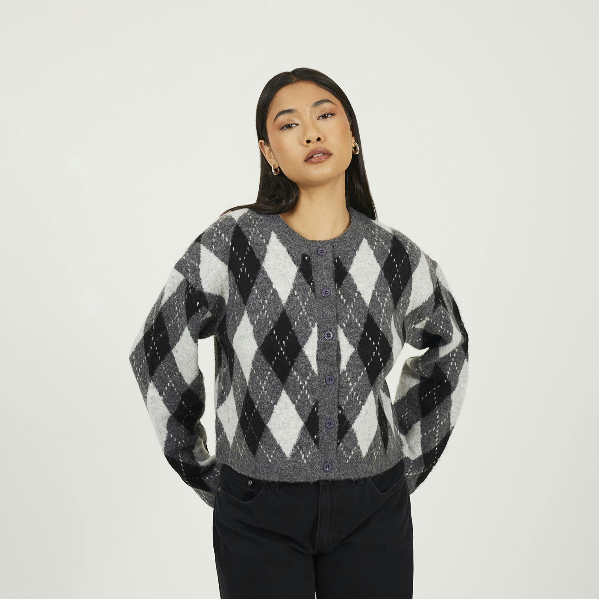 Brave Soul Women's Grey Round Neck Argyle Knit Cardigan - M