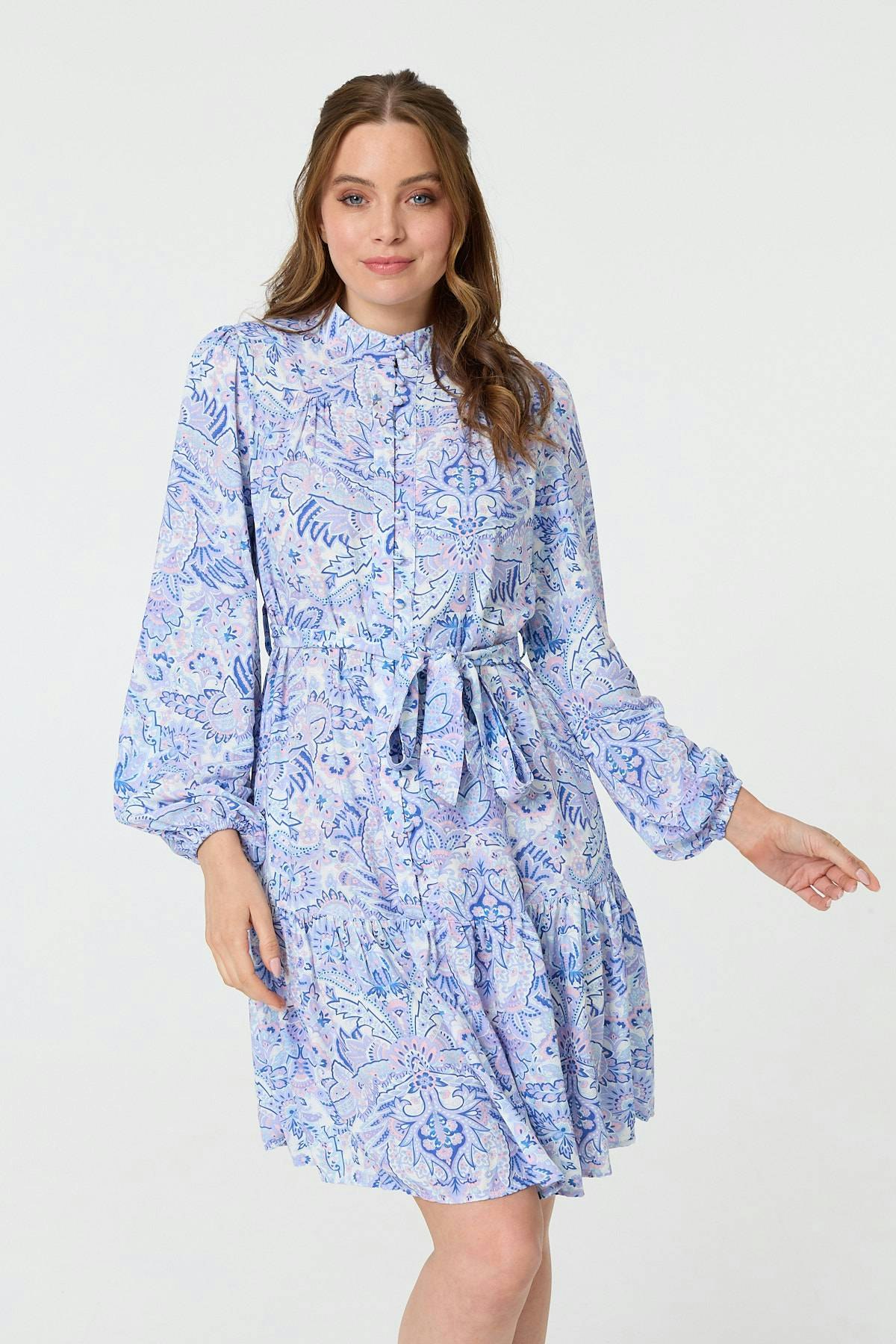 Izabel London Blue Printed High Neck Short Shirt Dress - 10