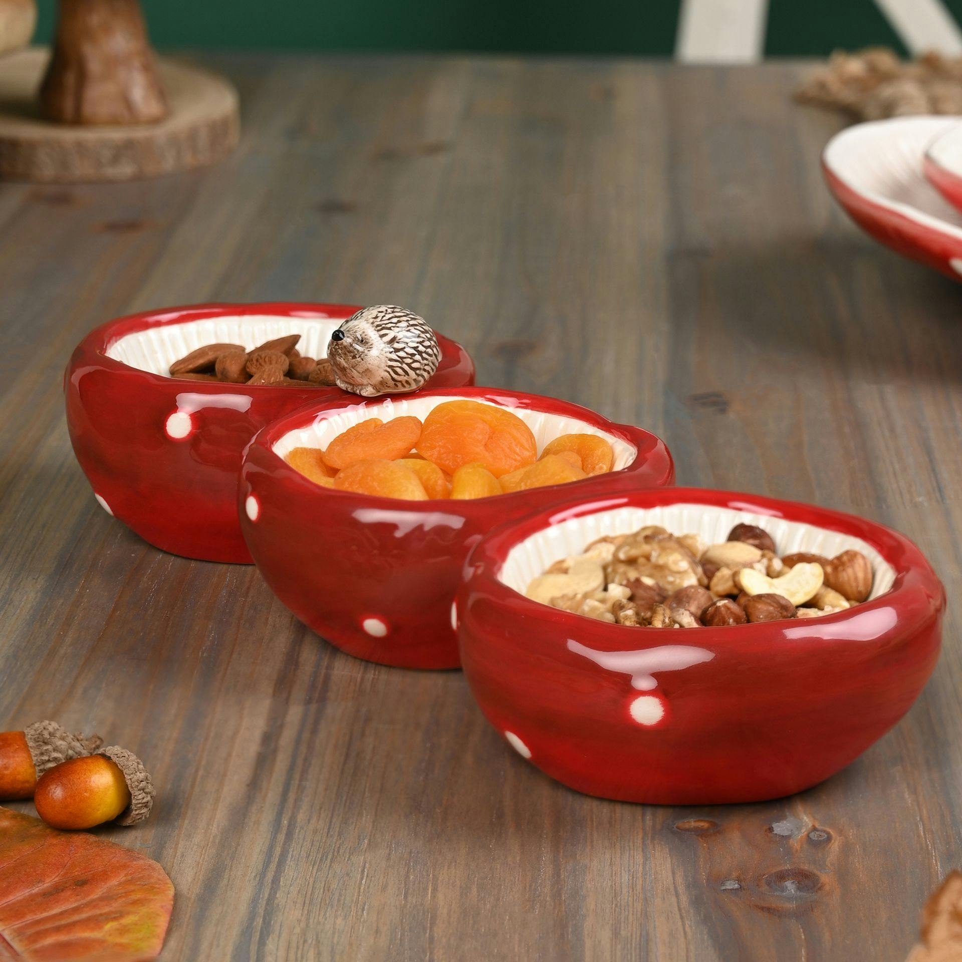 Rackhams Red/White/Cream Toadstool & Hedgehog Triple Dish Serving Tray