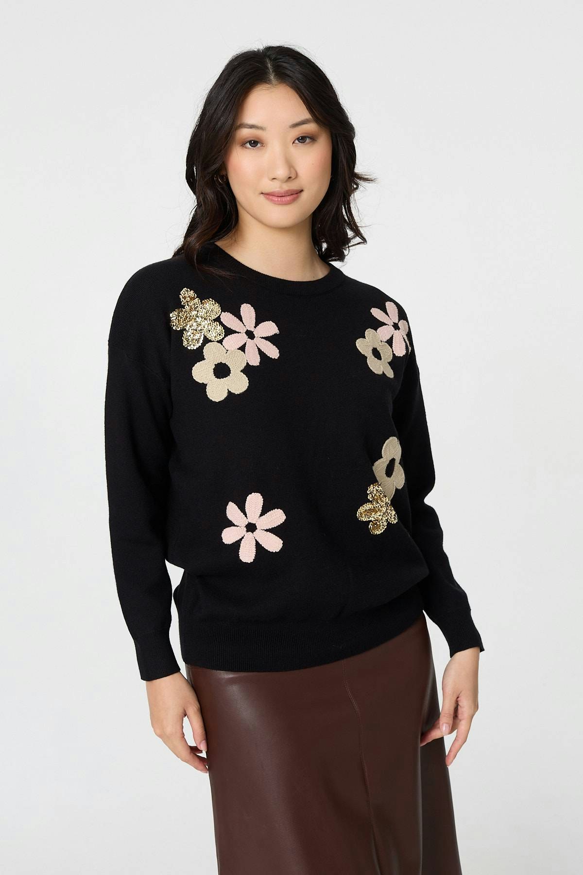 Izabel London Black Sequin Floral Embellished Relaxed Jumper - 12