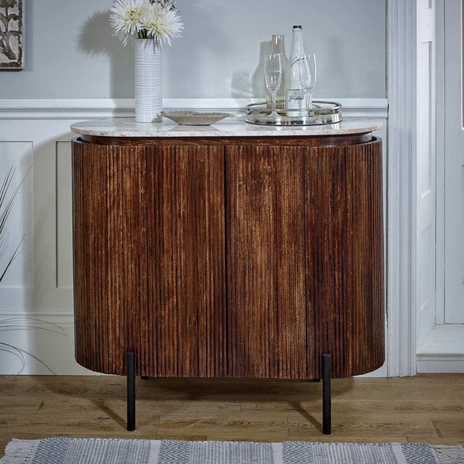 Ih Design Miel Mango Wood Sideboard/Drinks Cabinet With Marble Top & Metal Legs - Lacquered - Wood - 1