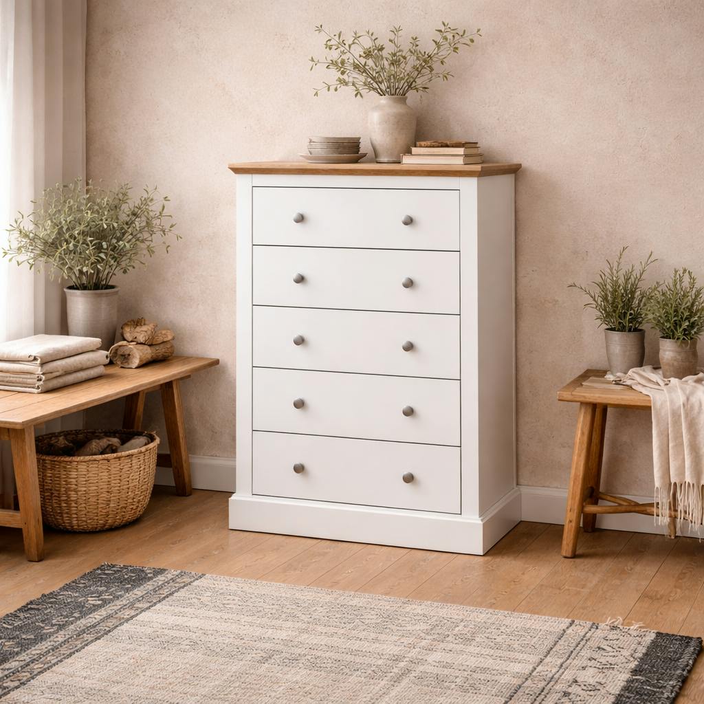 Rackhams White Ardee And Natural Oak Wooden 5 Drawer Storage Chest