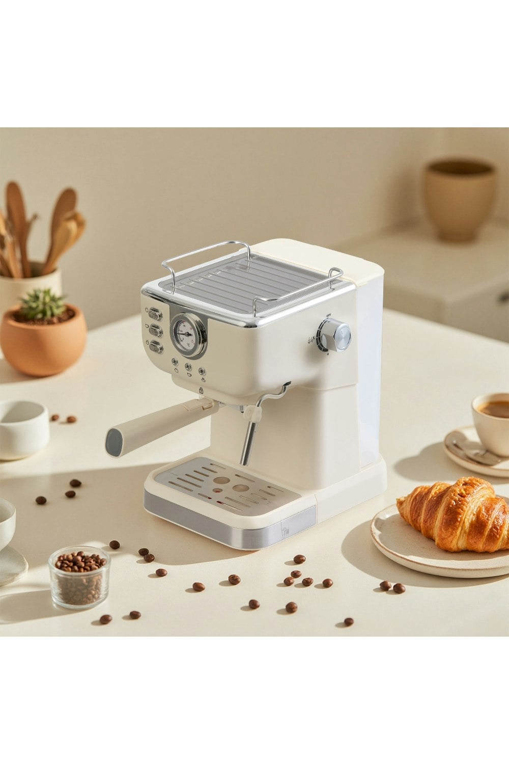 Living And Home Cream 20 Bar Retro Coffee Espresso Machine With Steam Wand Milk Frother