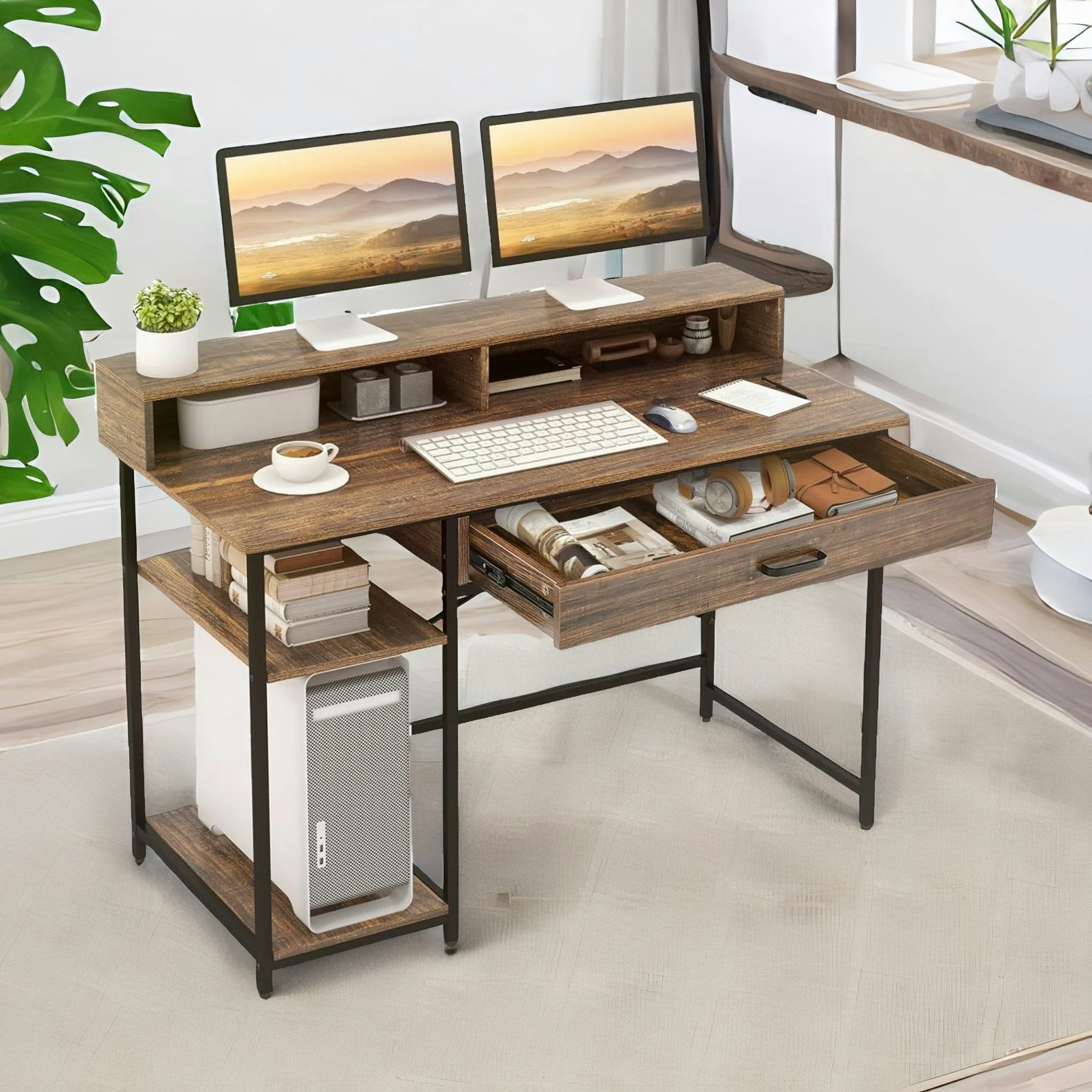 Rackhams Brown Computer Desk With Monitor Stand, Shelves And Drawer Rustic