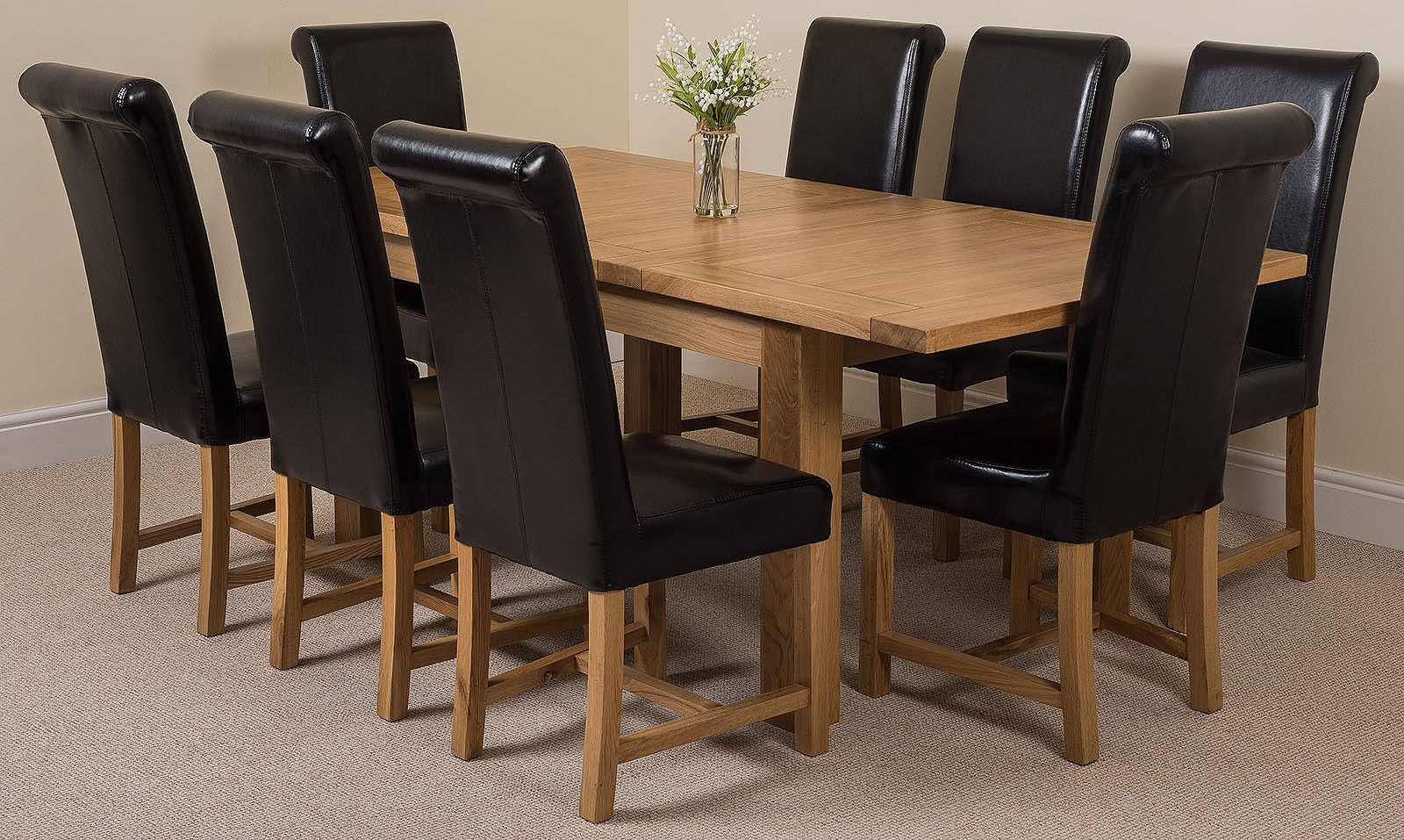 Rackhams Black Seattle Oak Extending Dining Table With Washington Leather Chairs - 8 Chairs