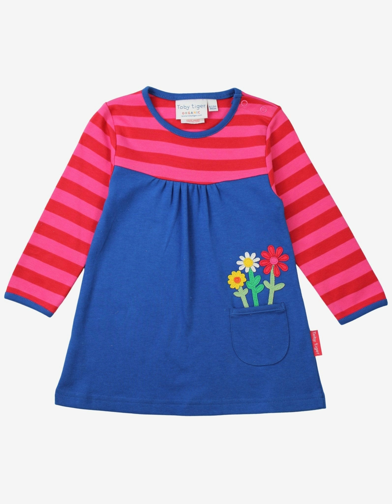 Toby Tiger Dark/Blue/Pink Organic Floral Applique Long-Sleeved Dress - 3-4Y / 104Cm