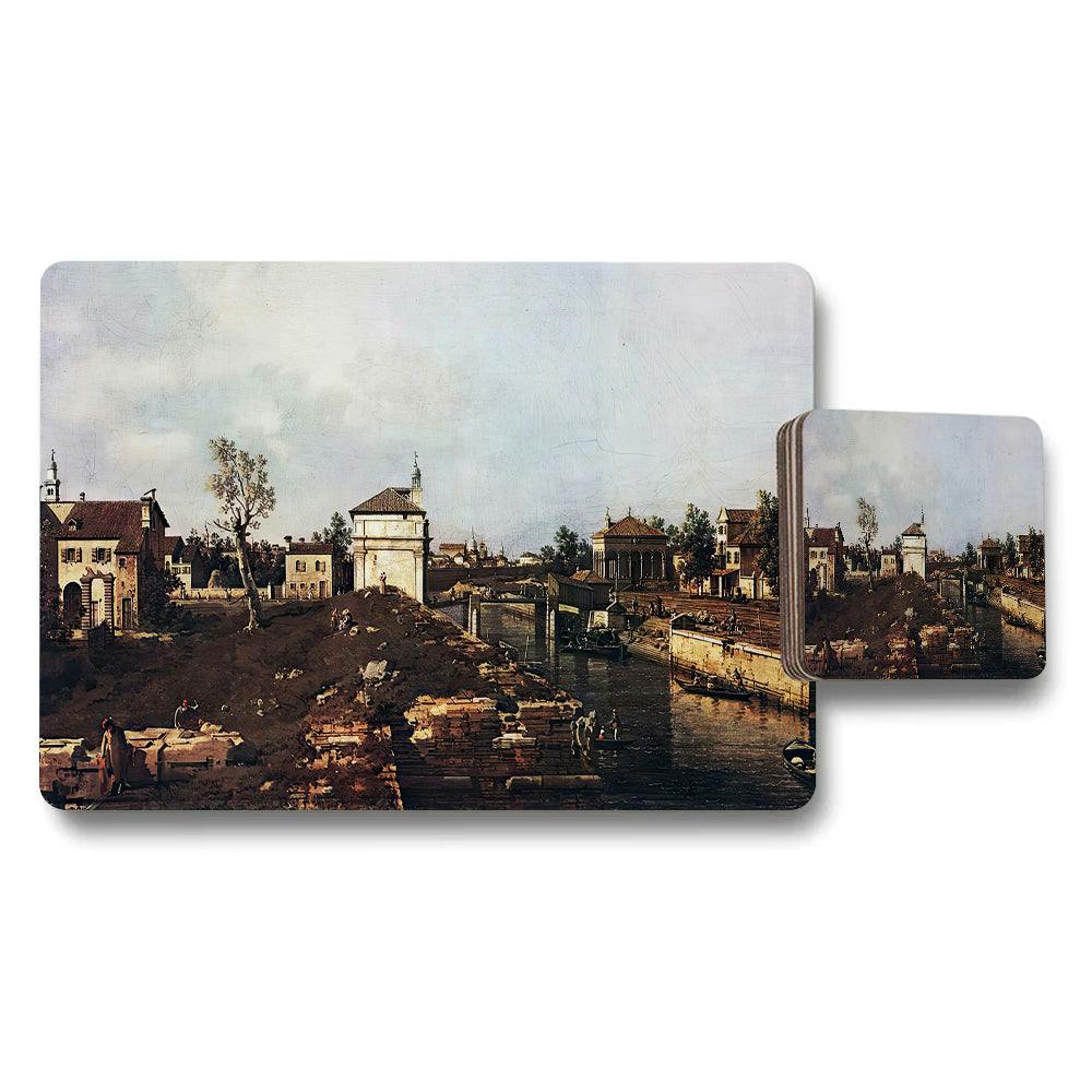 Benjamin Tate Design Vintage Cityscape Placemat And Coaster Set Featuring River View Artwork